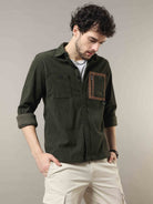 Dark Green Corduroy Double Pocket with Contrast Patch Shirt 