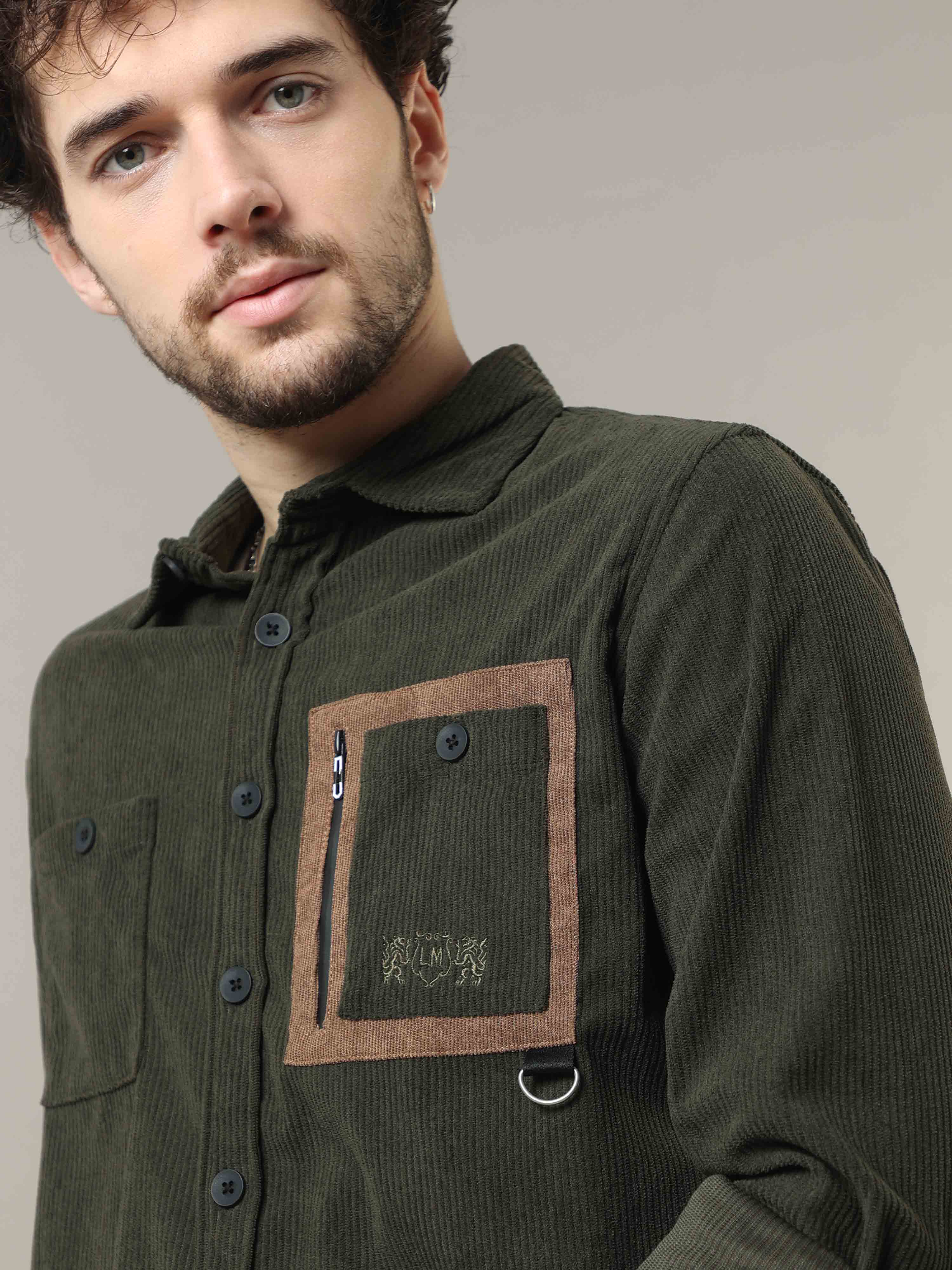 Dark Green Corduroy Double Pocket with Contrast Patch Shirt 