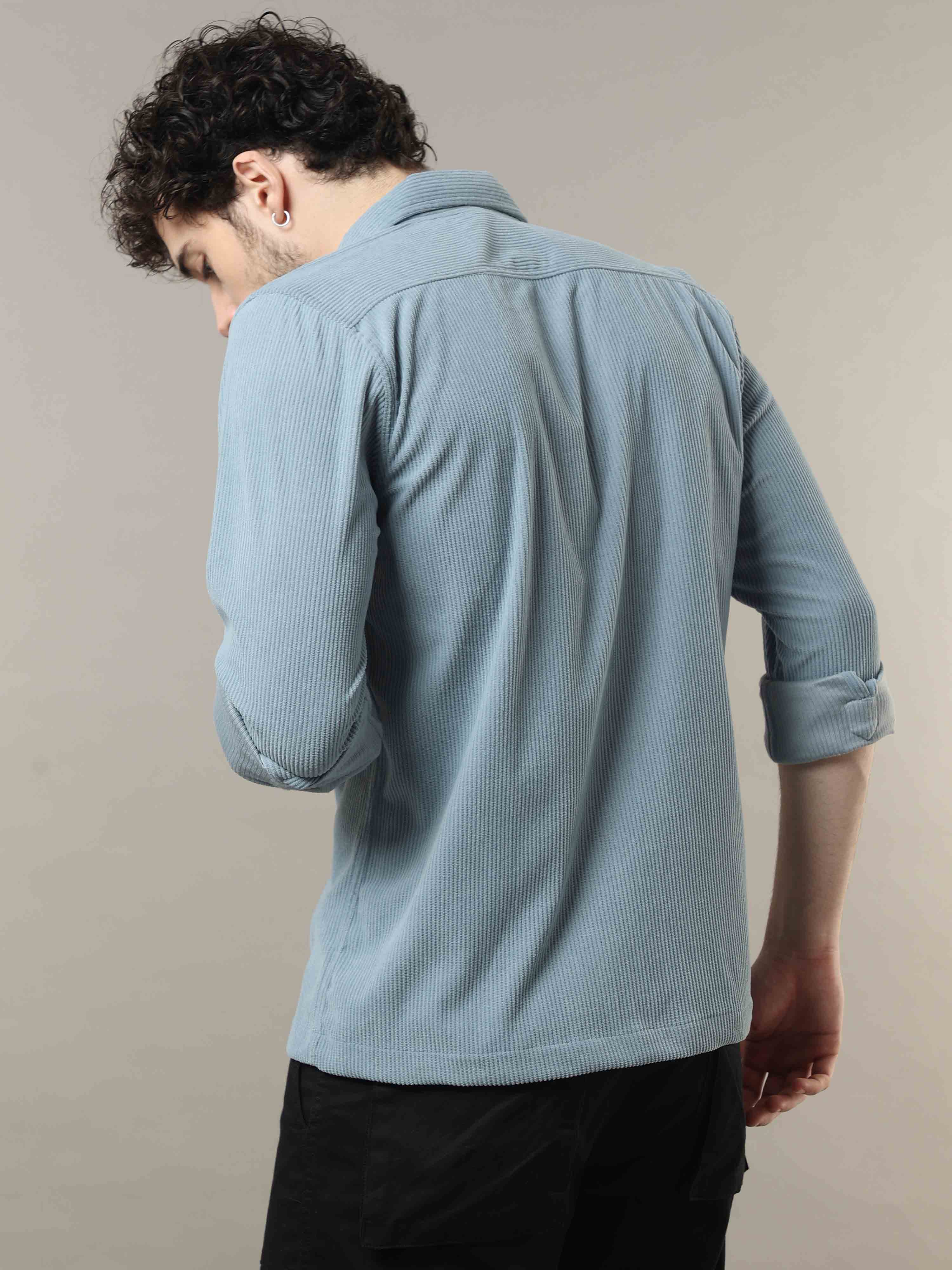 Verdigris Blue Corduroy Double Pocket with Contrast Patch Shirt 