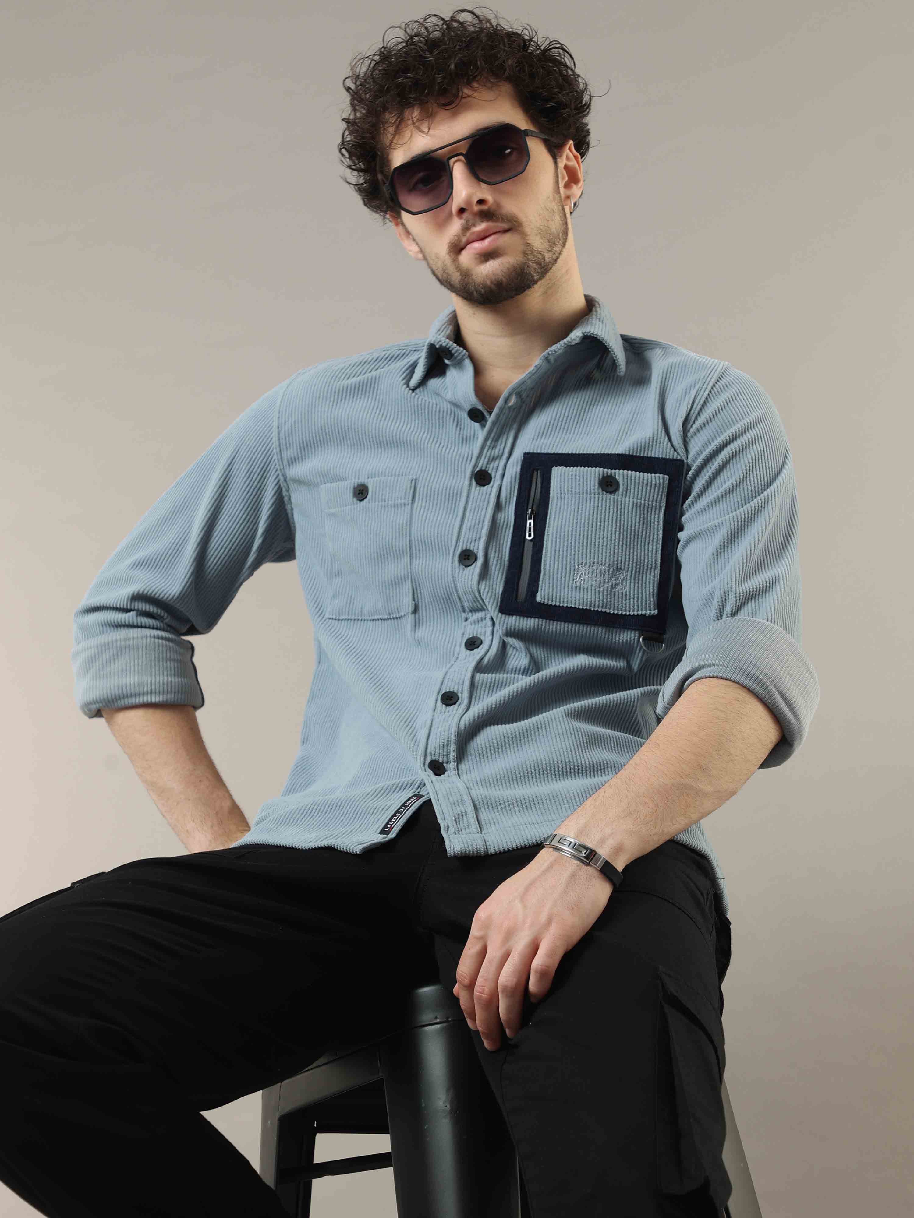 Verdigris Blue Corduroy Double Pocket with Contrast Patch Shirt 