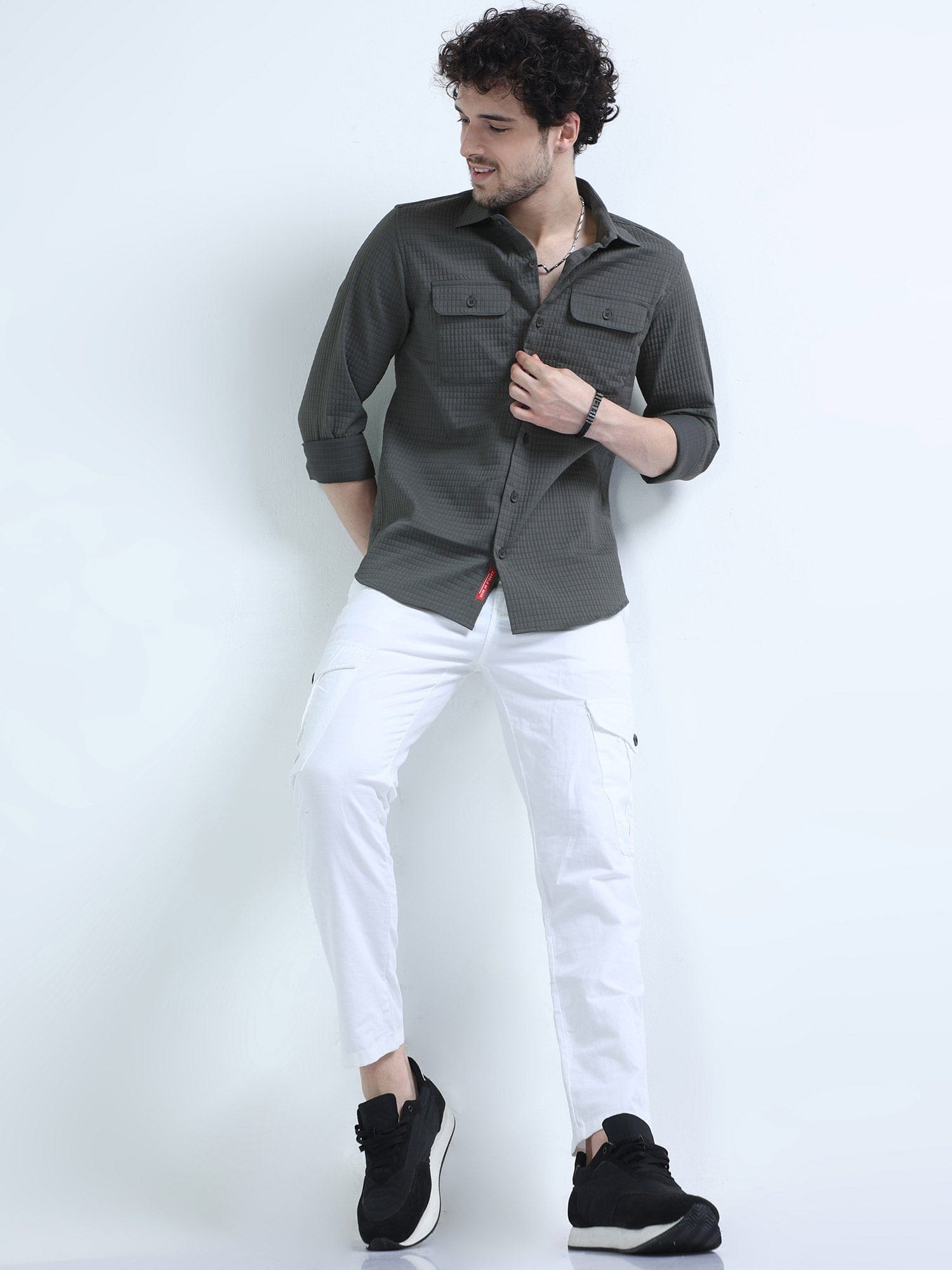 Pebble Grey Textured Solid Double Pocket Shirt