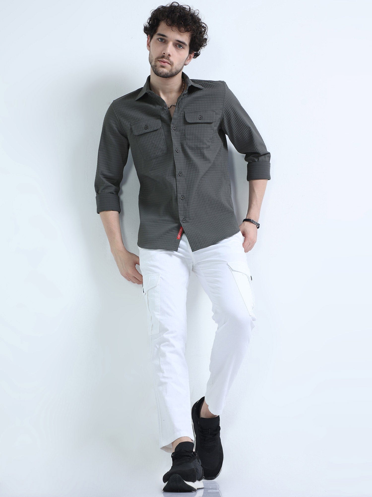 Pebble Grey Textured Solid Double Pocket Shirt