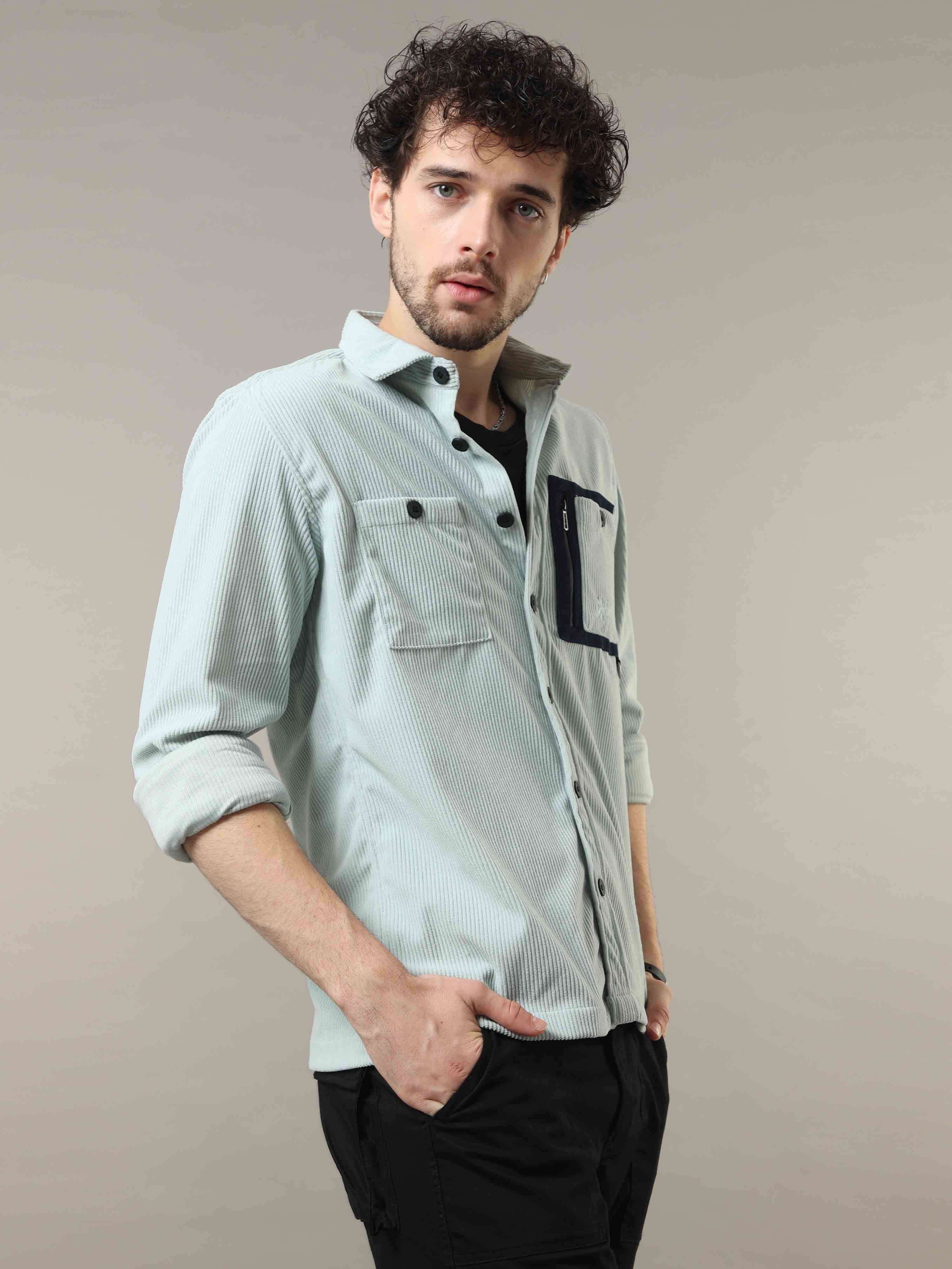 Pastel Green Corduroy Double Pocket with Contrast Patch Shirt 