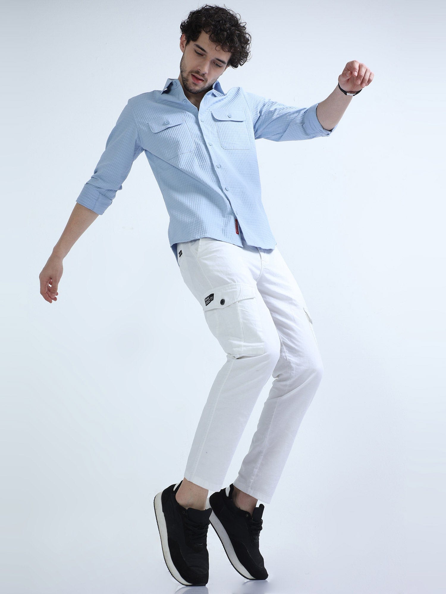 Sky Blue Textured Solid Double Pocket Shirt