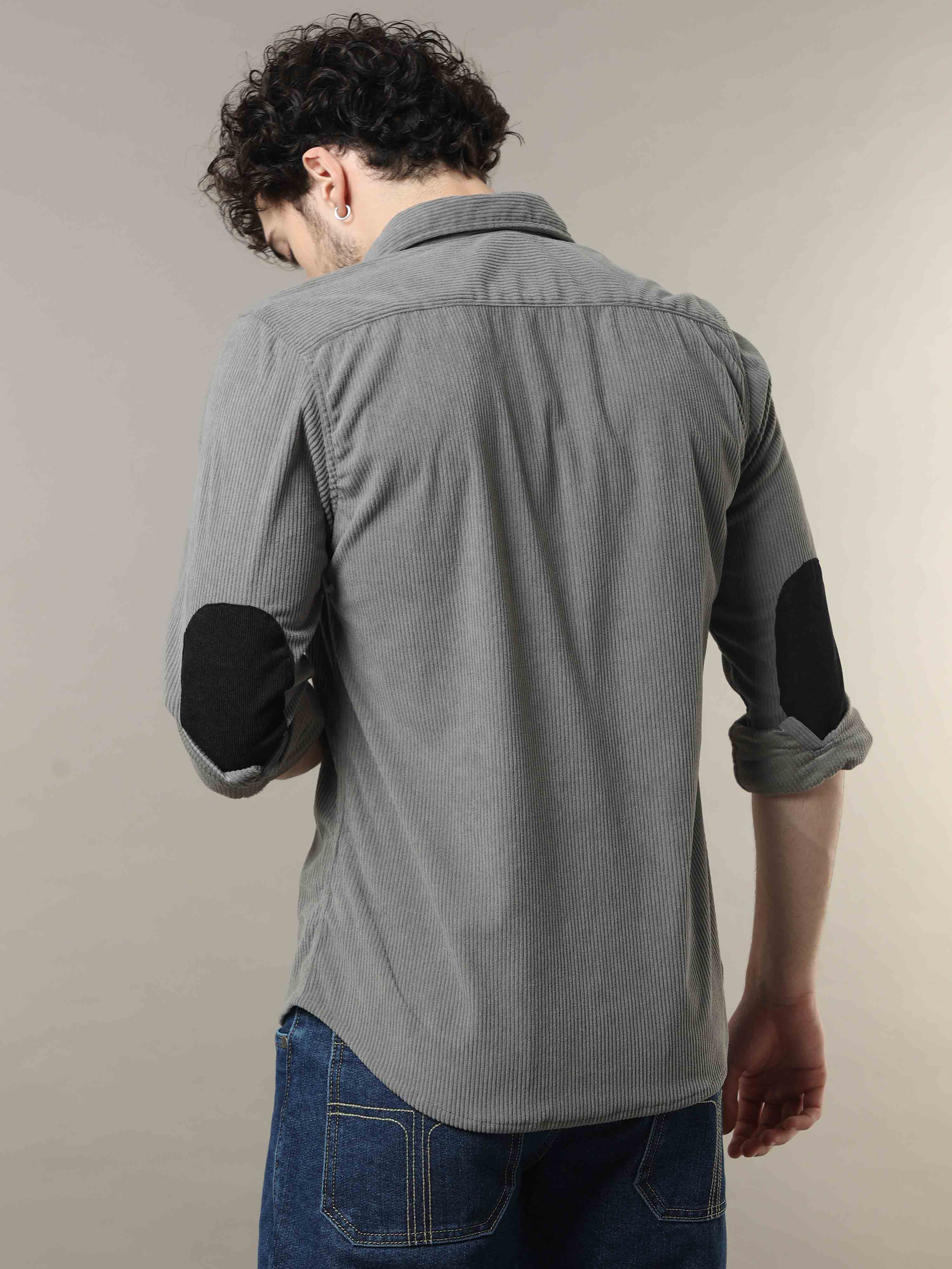 Dark Grey Corduroy Double Pocket Shirt with Elbow Patch 