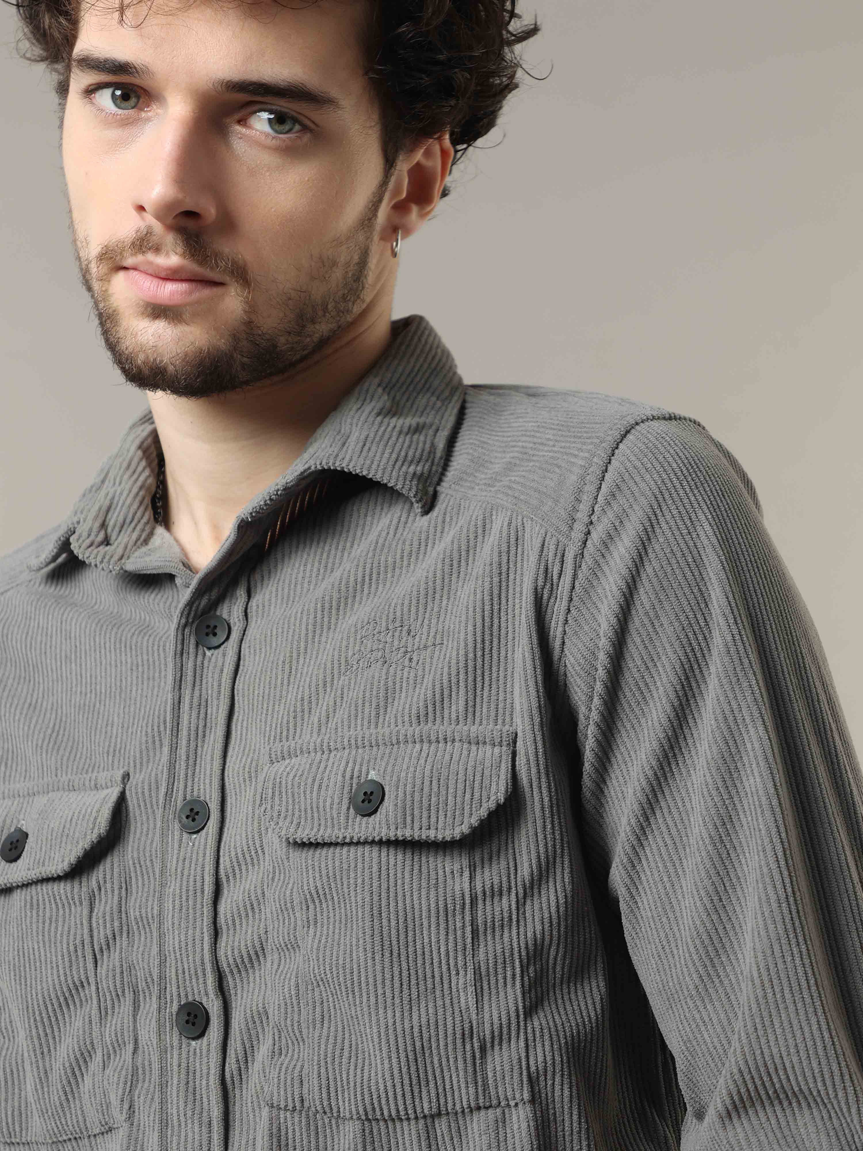 Dark Grey Corduroy Double Pocket Shirt with Elbow Patch 