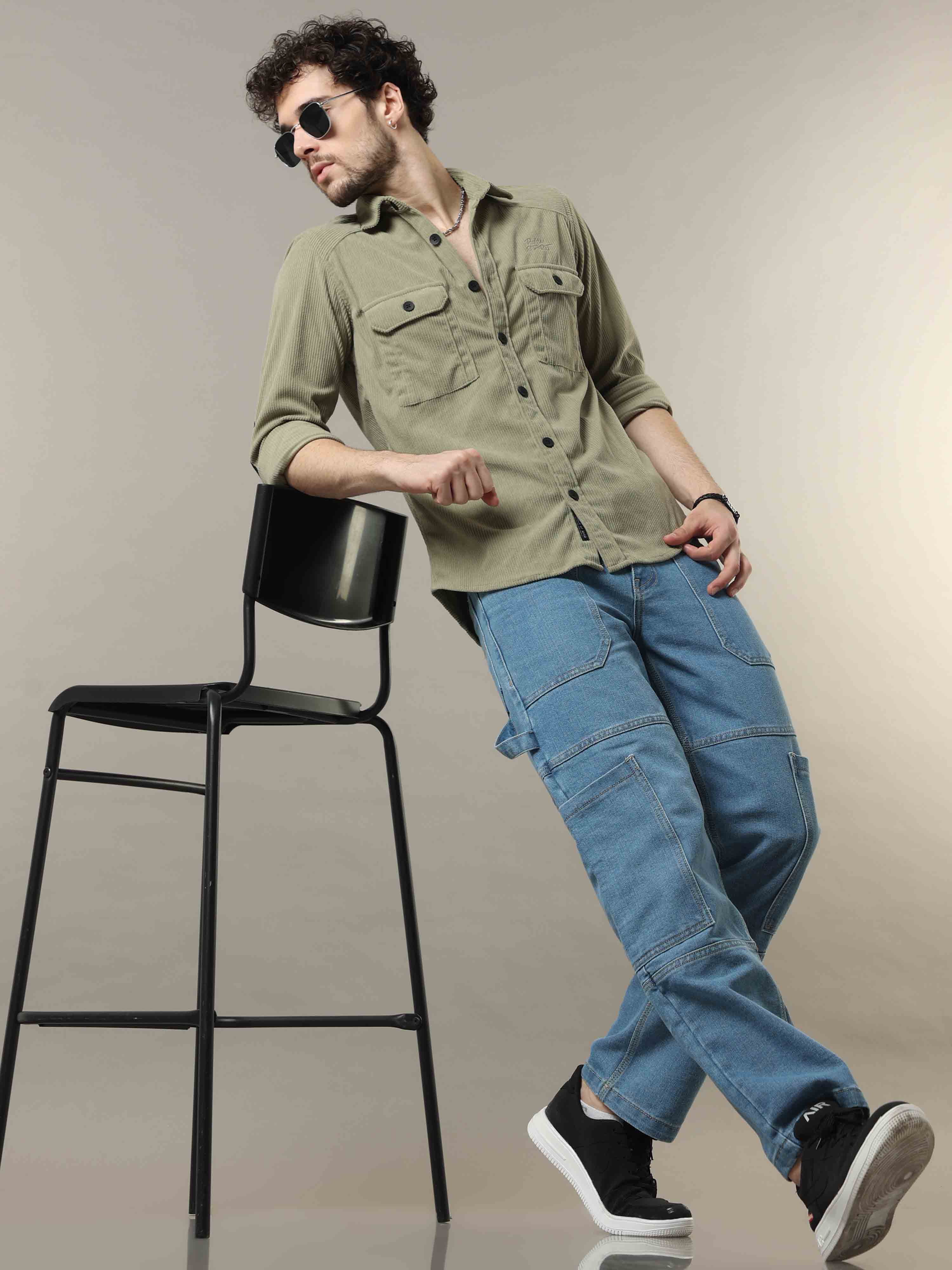 Lime Green Corduroy Double Pocket Shirt with Elbow Patch 