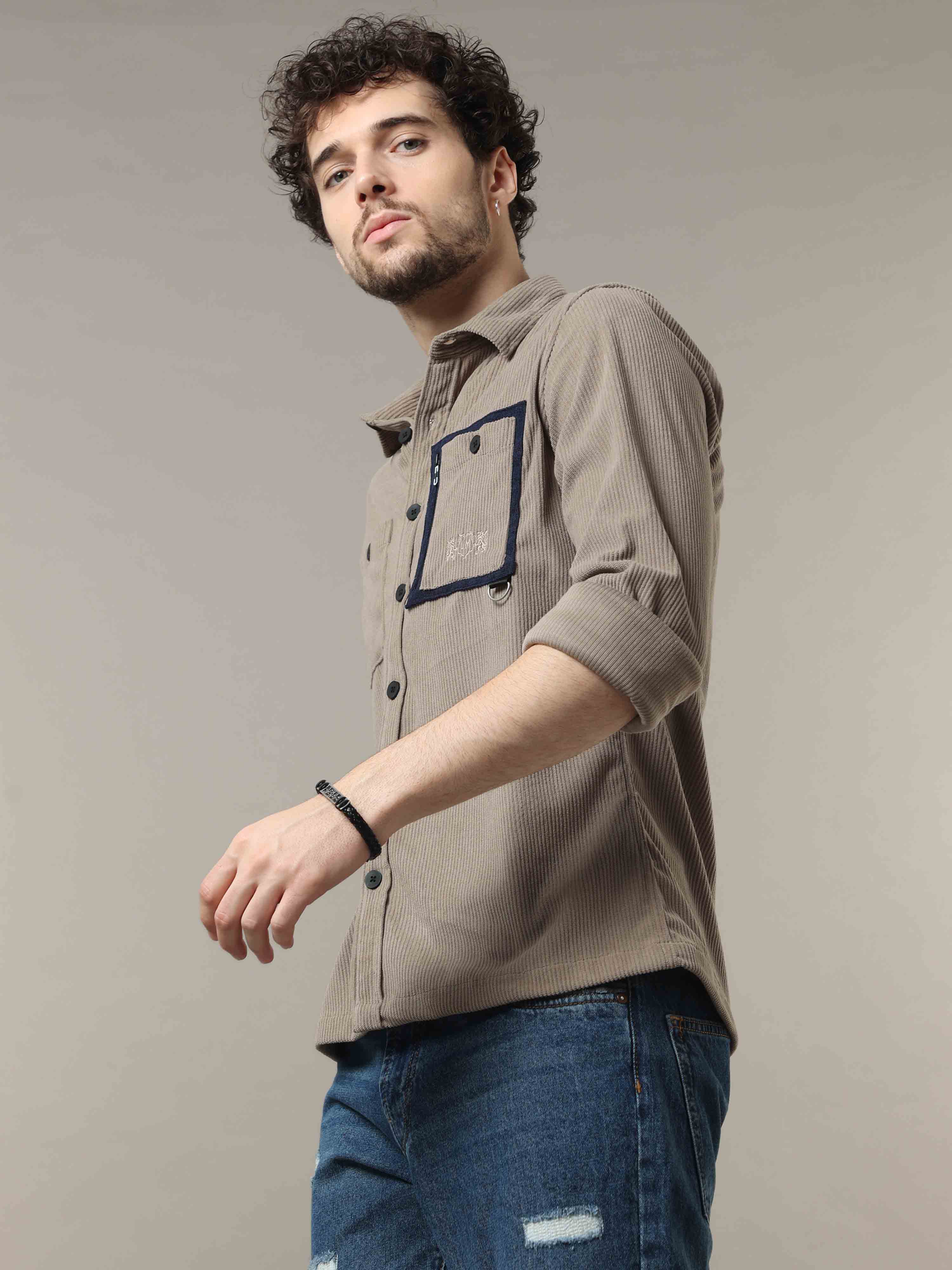 Wood Brown Corduroy Double Pocket with Contrast Patch Shirt