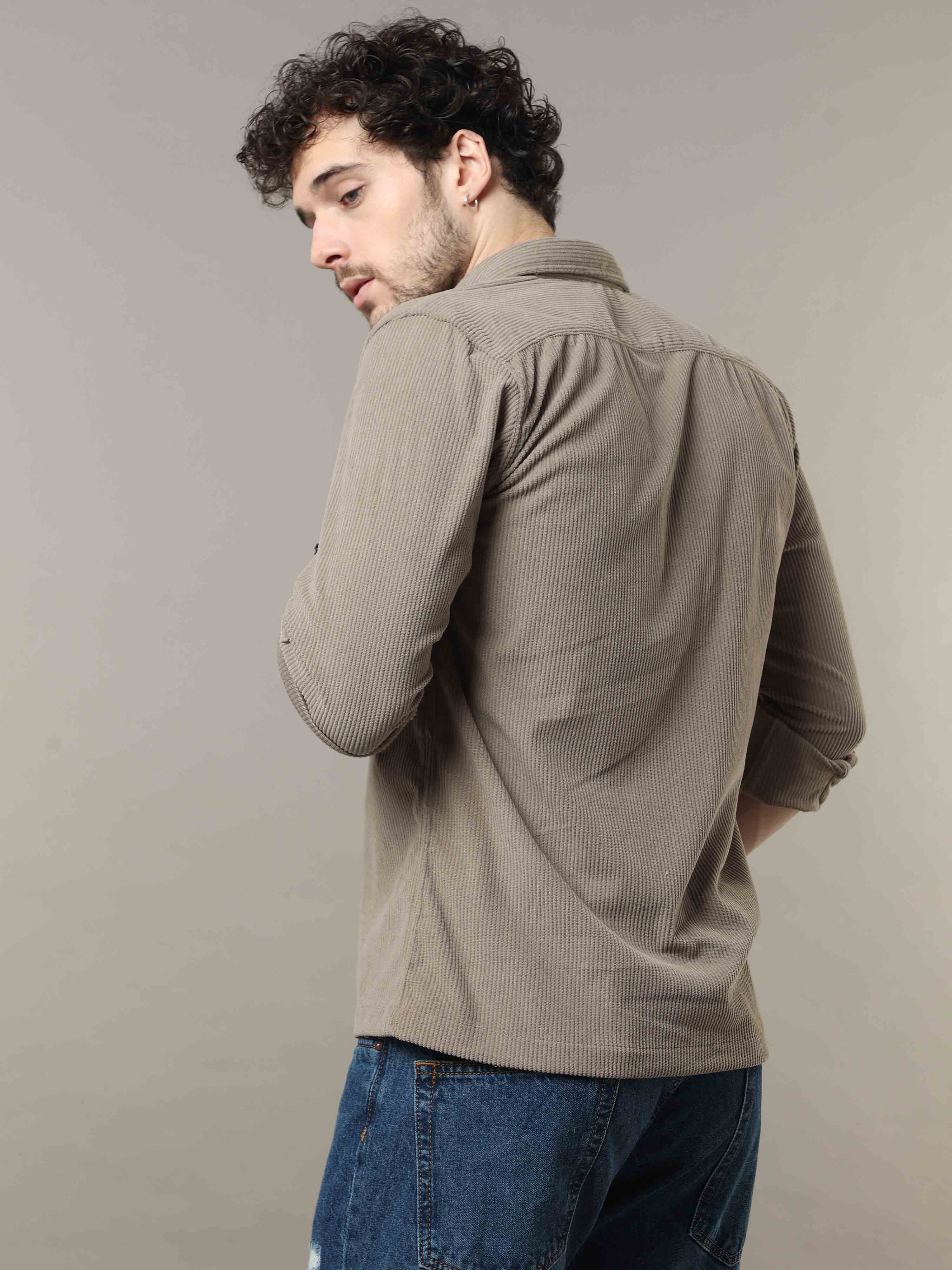 Wood Brown Corduroy Double Pocket with Contrast Patch Shirt