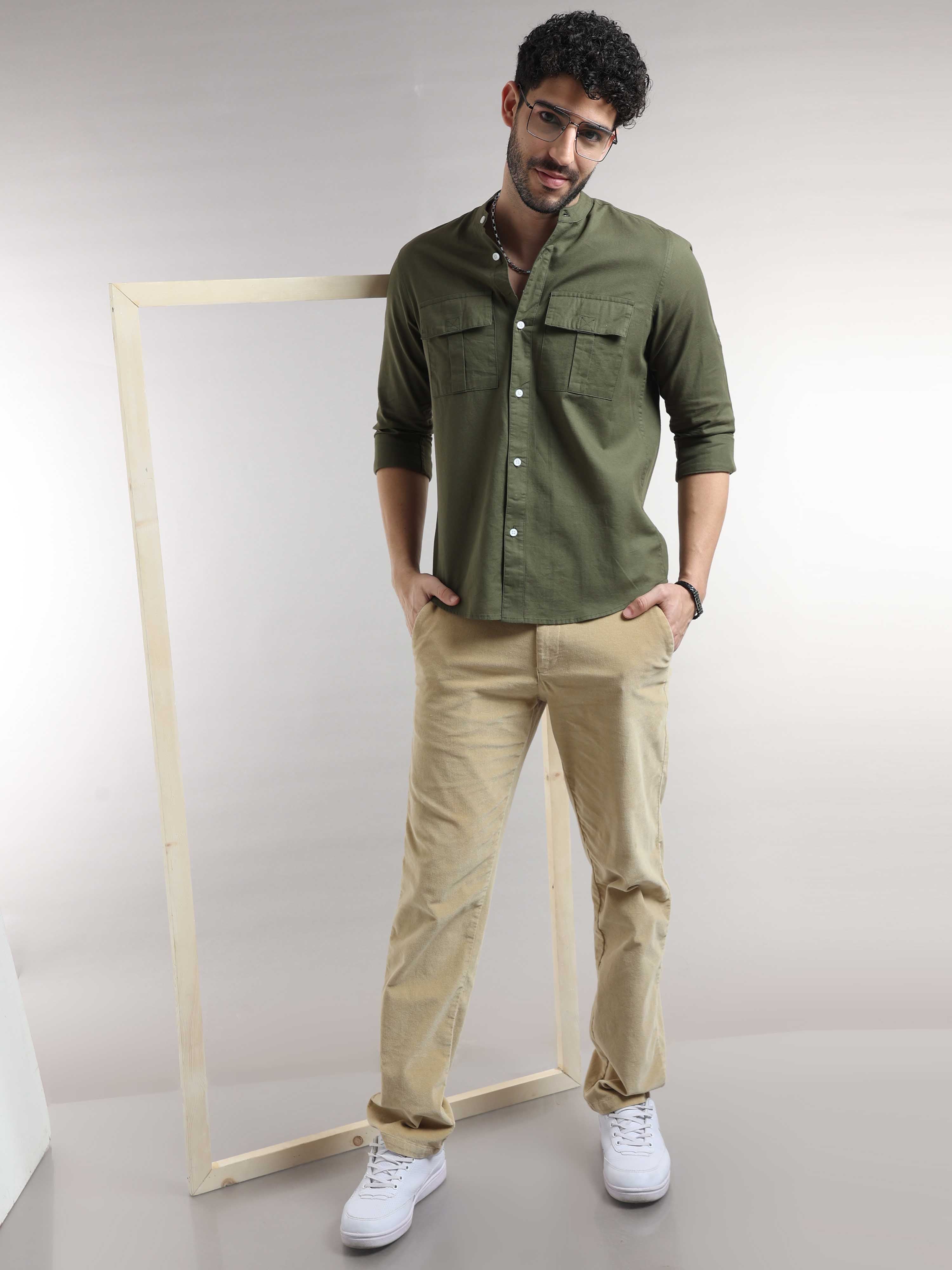 Shop cool Army Green Double Pocket Casual Shirt For MenRs. 1399.00