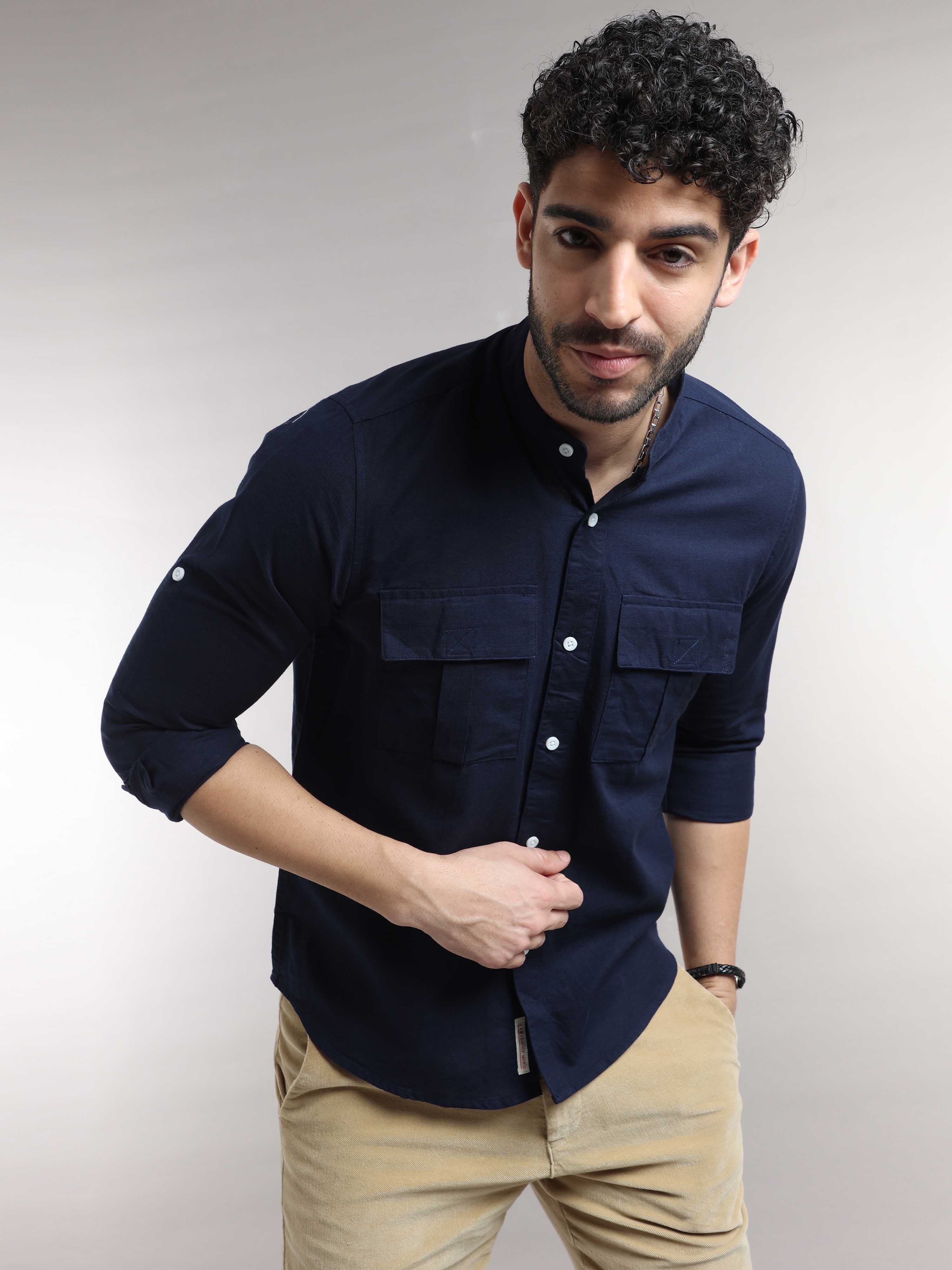 Bare Brown Mandarin Collar Denim Shirt, Slim Fit with Full Sleeves - L |  Tea & Tailoring