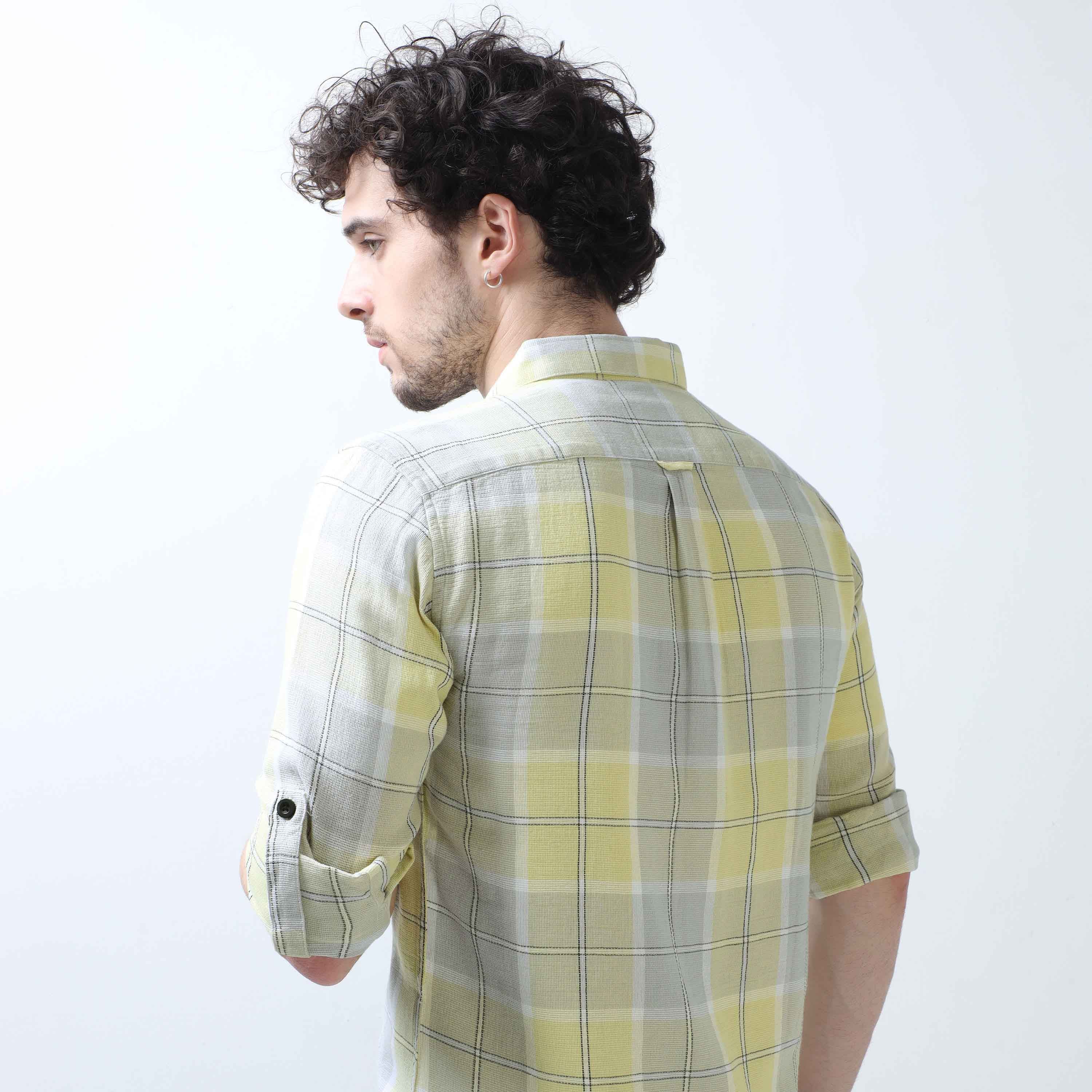 Buy Linen Shirts - Yellow And Ash Double Pocket Check ShirtRs. 1399.00