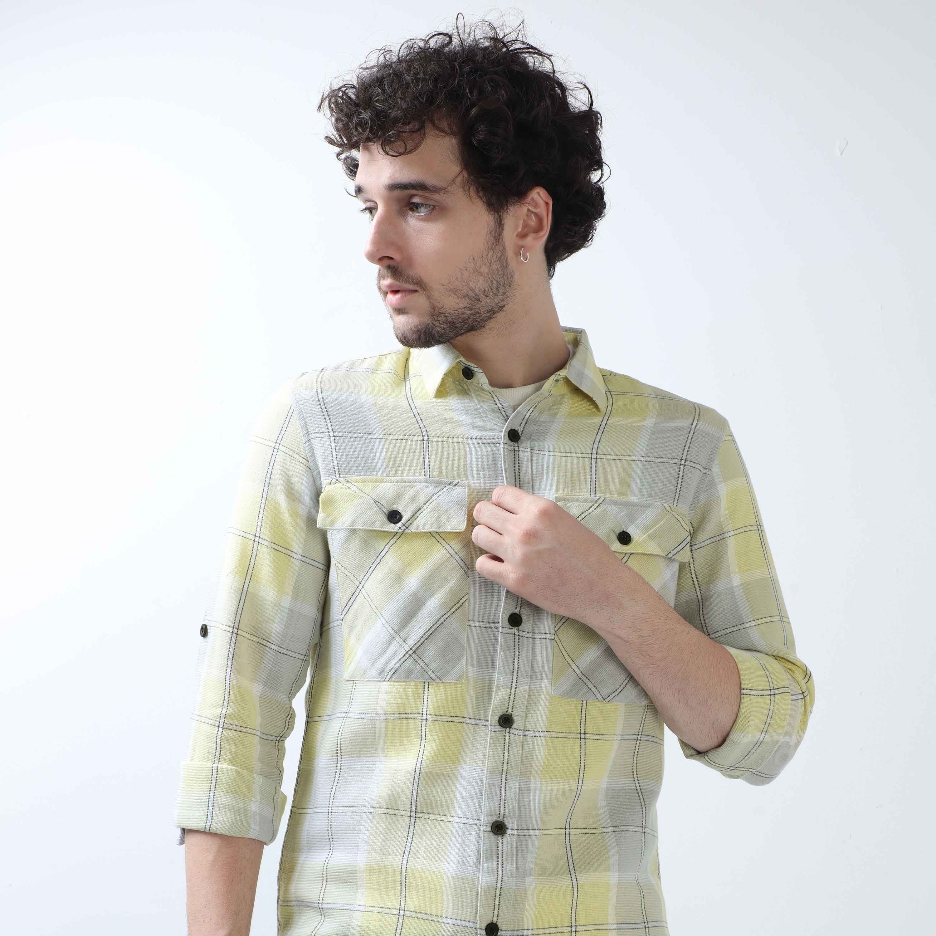 Buy Linen Shirts - Yellow And Ash Double Pocket Check ShirtRs. 1399.00