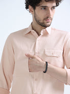 Coral Peach Textured Solid Double Pocket Shirt