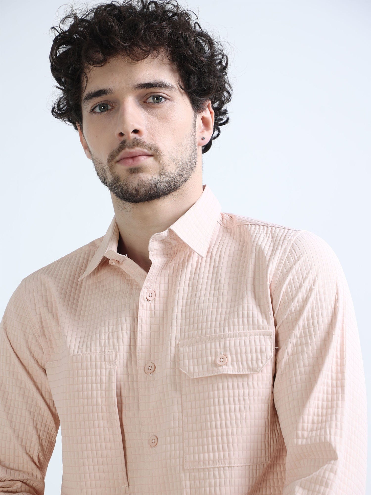Coral Peach Textured Solid Double Pocket Shirt