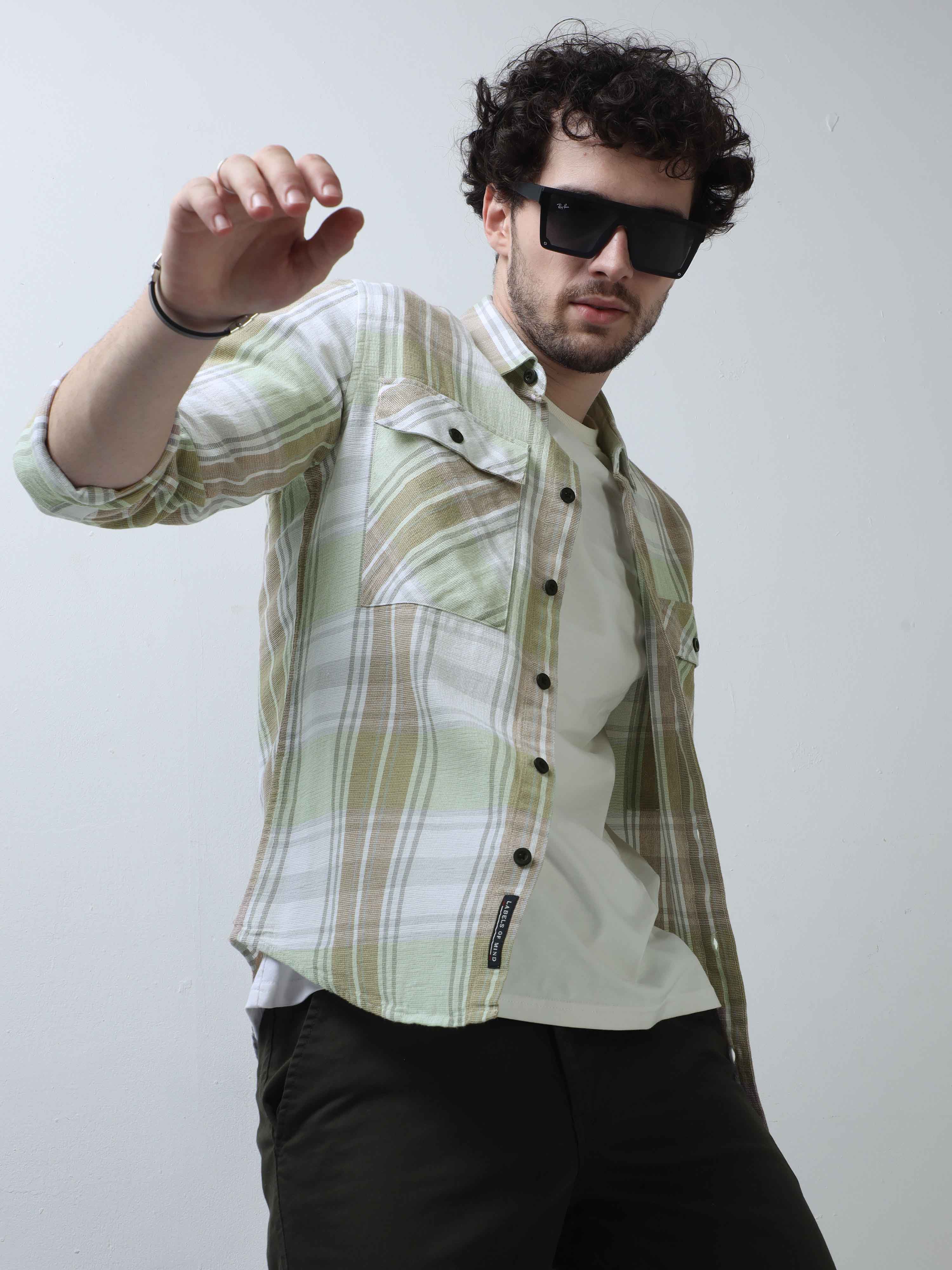 Lime Green and Brown Double Pocket Check Shirt