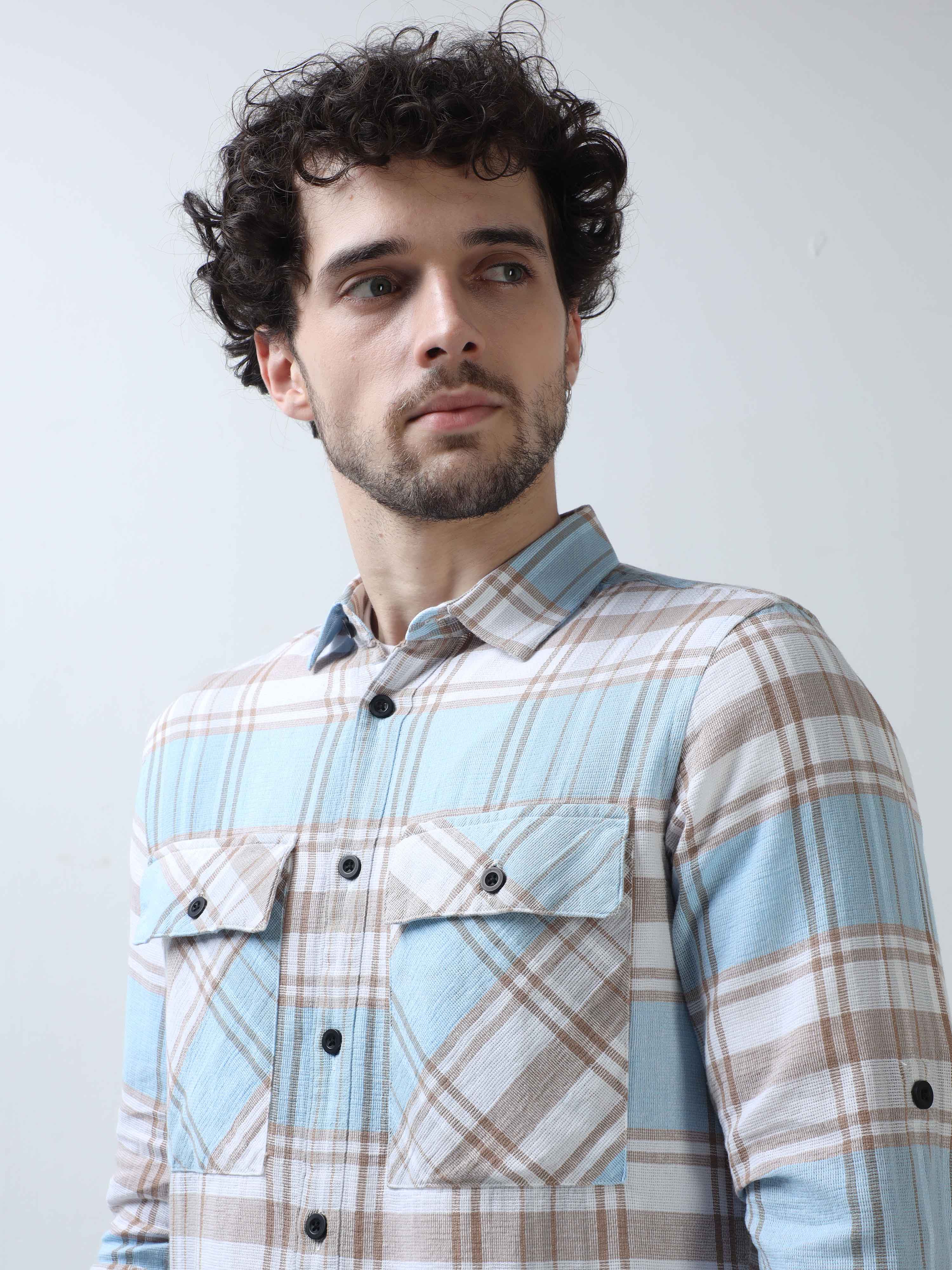  Brown And Sky Blue Double Pocket Check Shirt