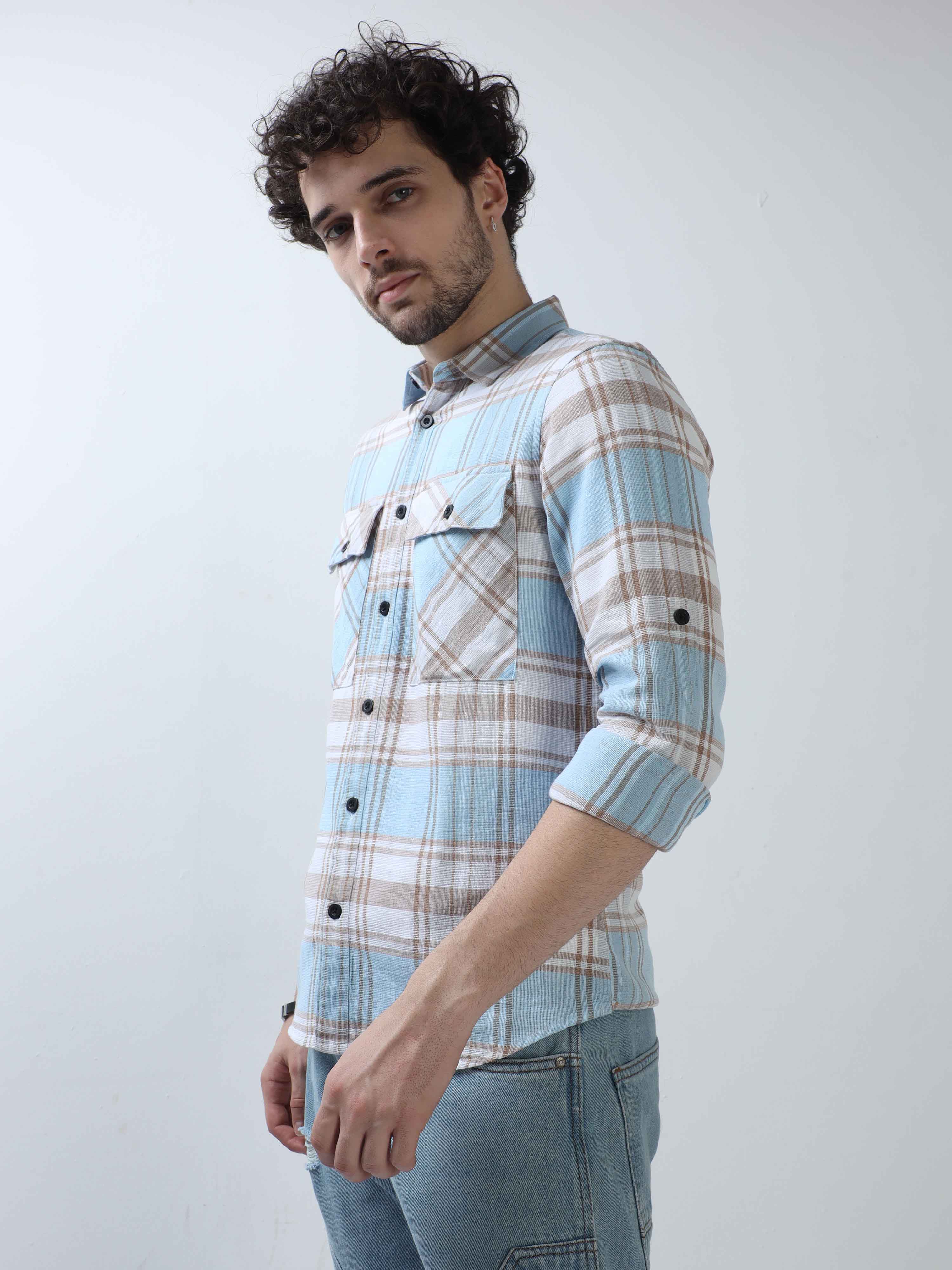  Brown And Sky Blue Double Pocket Check Shirt