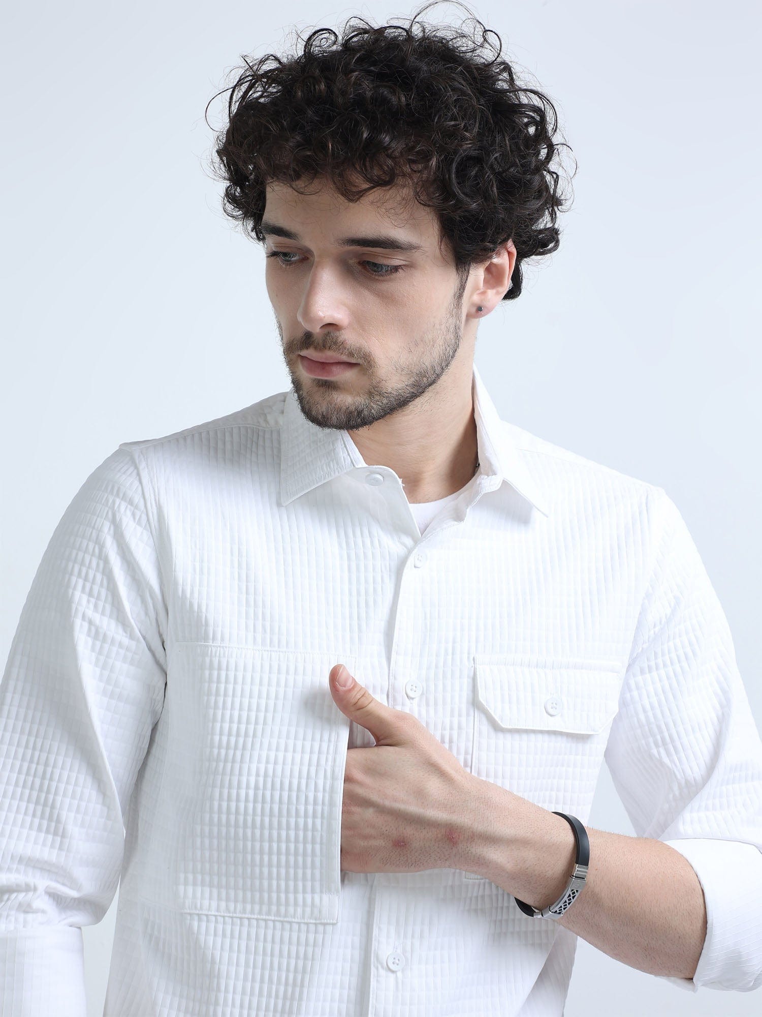 Forst White Textured Solid Double Pocket Shirt