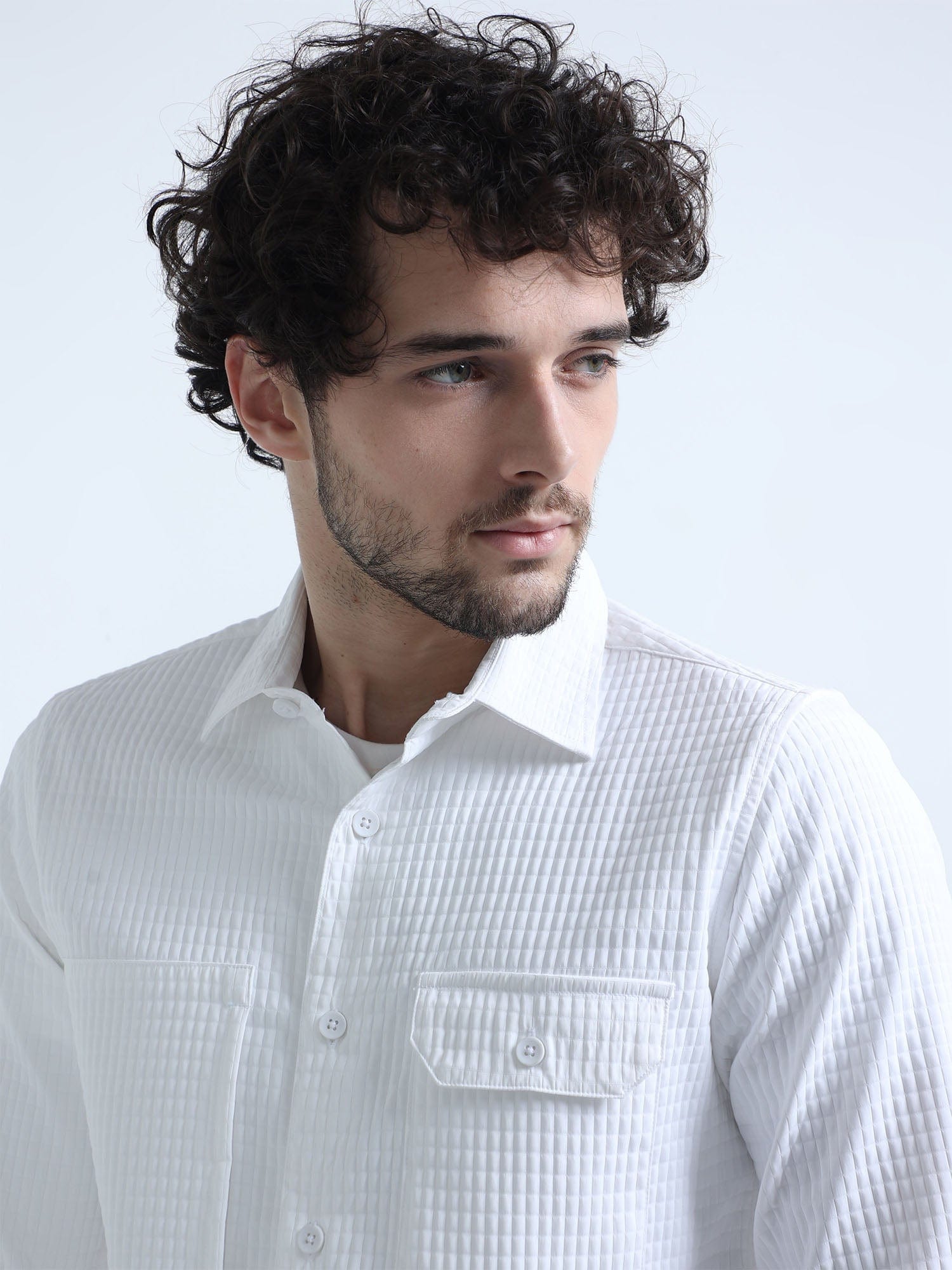 Forst White Textured Solid Double Pocket Shirt