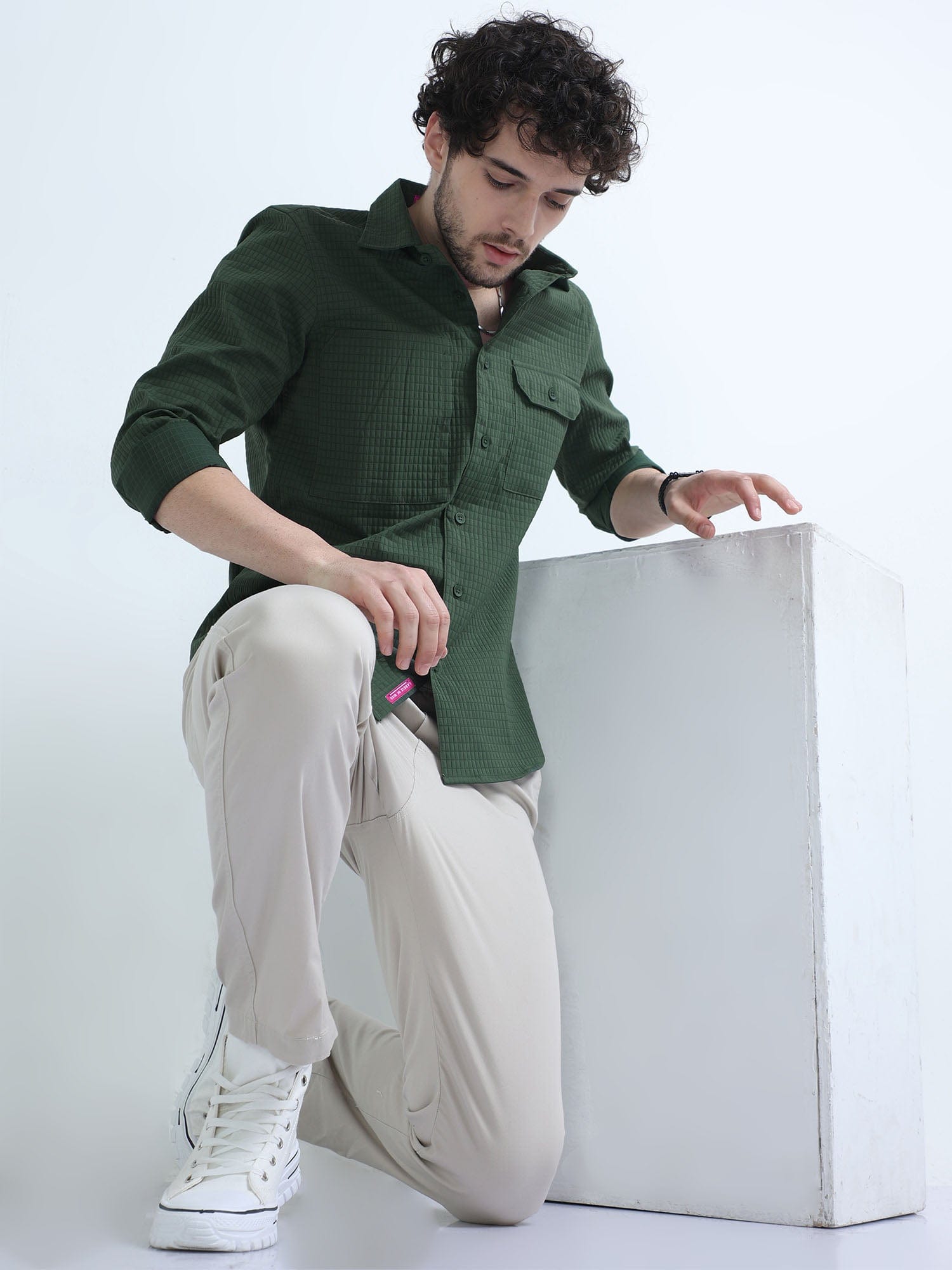 Basil Green Textured Solid Double Pocket Shirt
