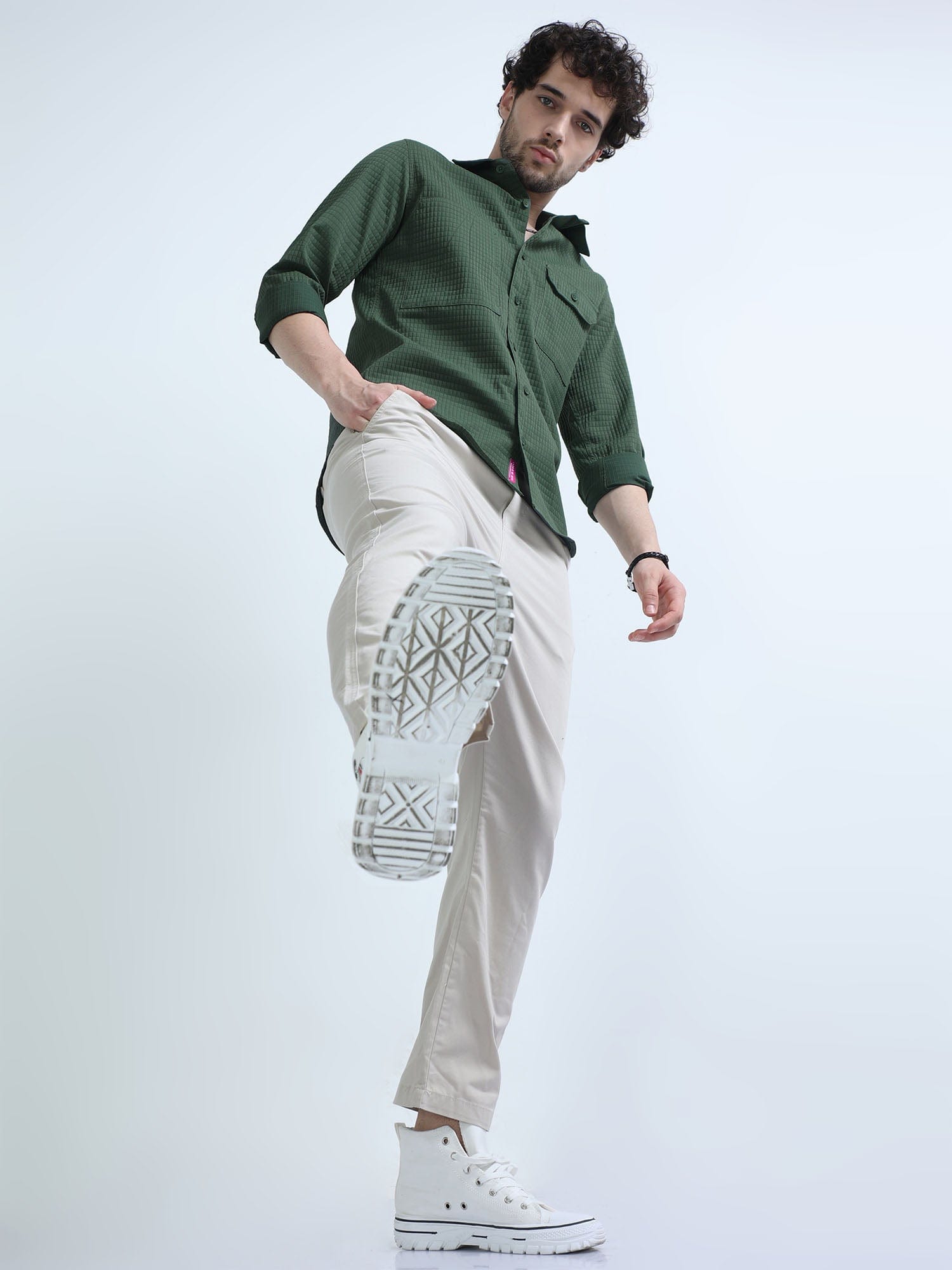 Basil Green Textured Solid Double Pocket Shirt