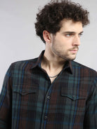 Buy Teal And Brown Corduroy Double Pocket Checks Shirt OnlineRs. 1099.00