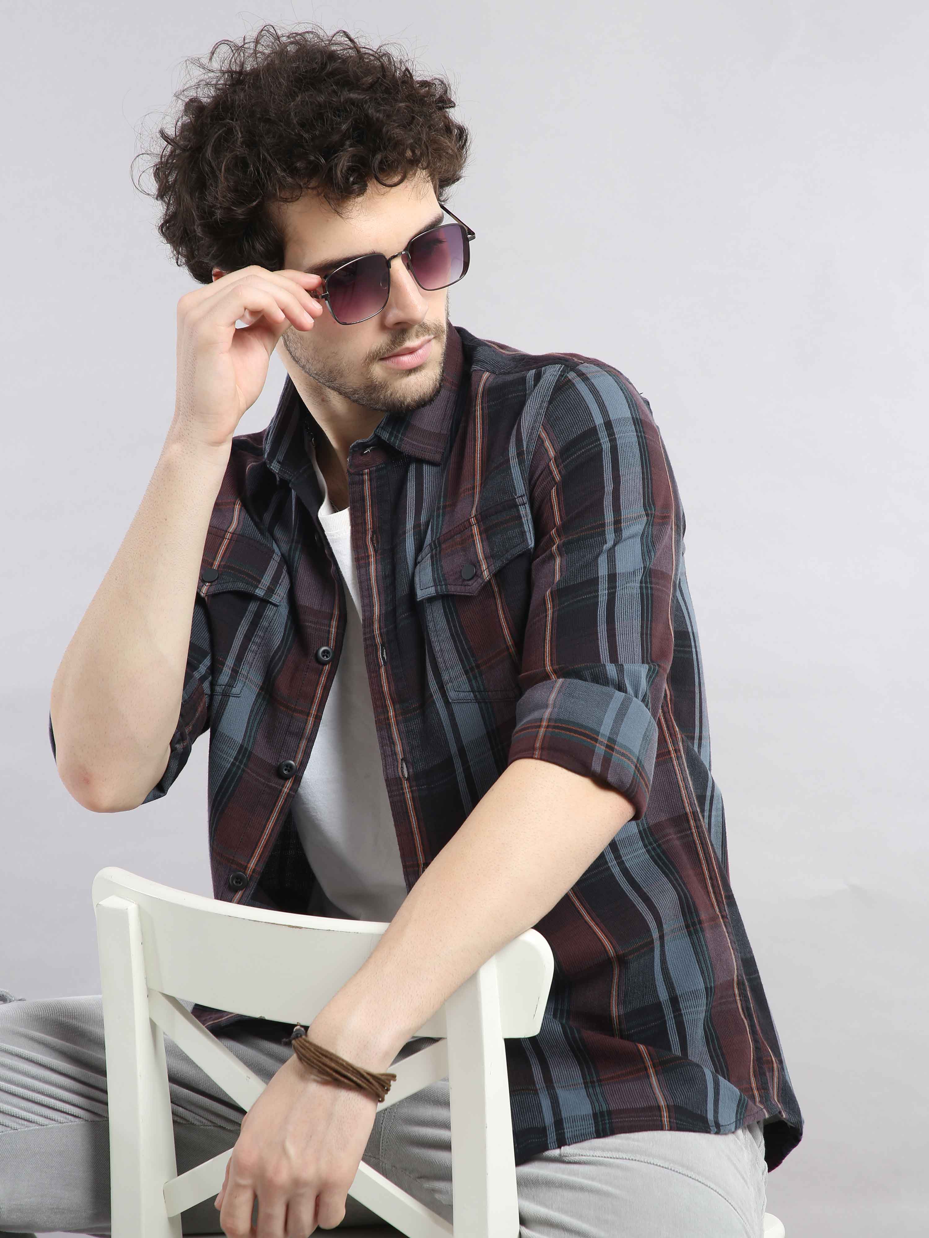 Shop Turquoise And Magenta Double Pocket Checks ShirtRs. 1449.00