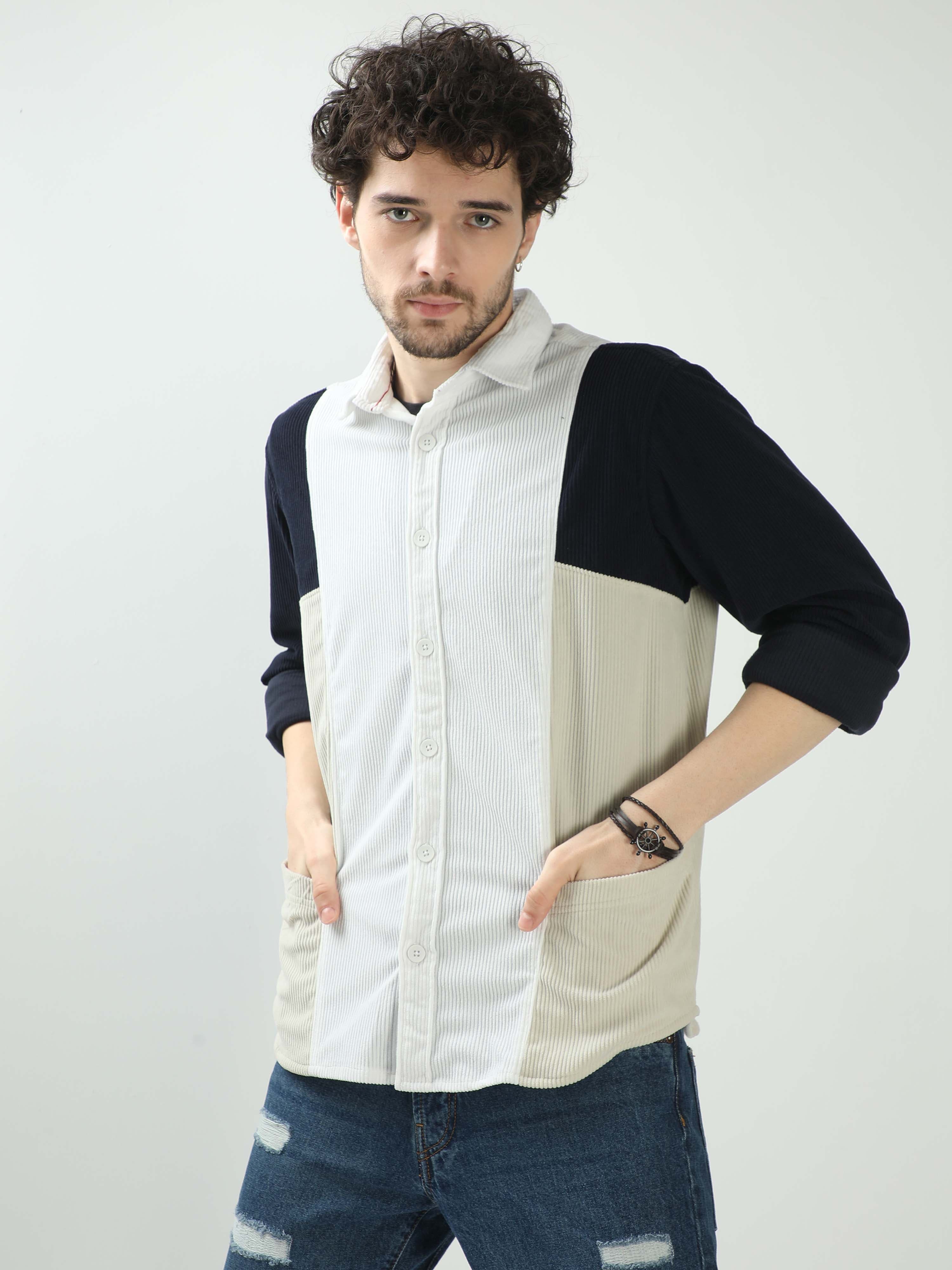 White with Navy and Cream Corduroy Double Pocket Shacket