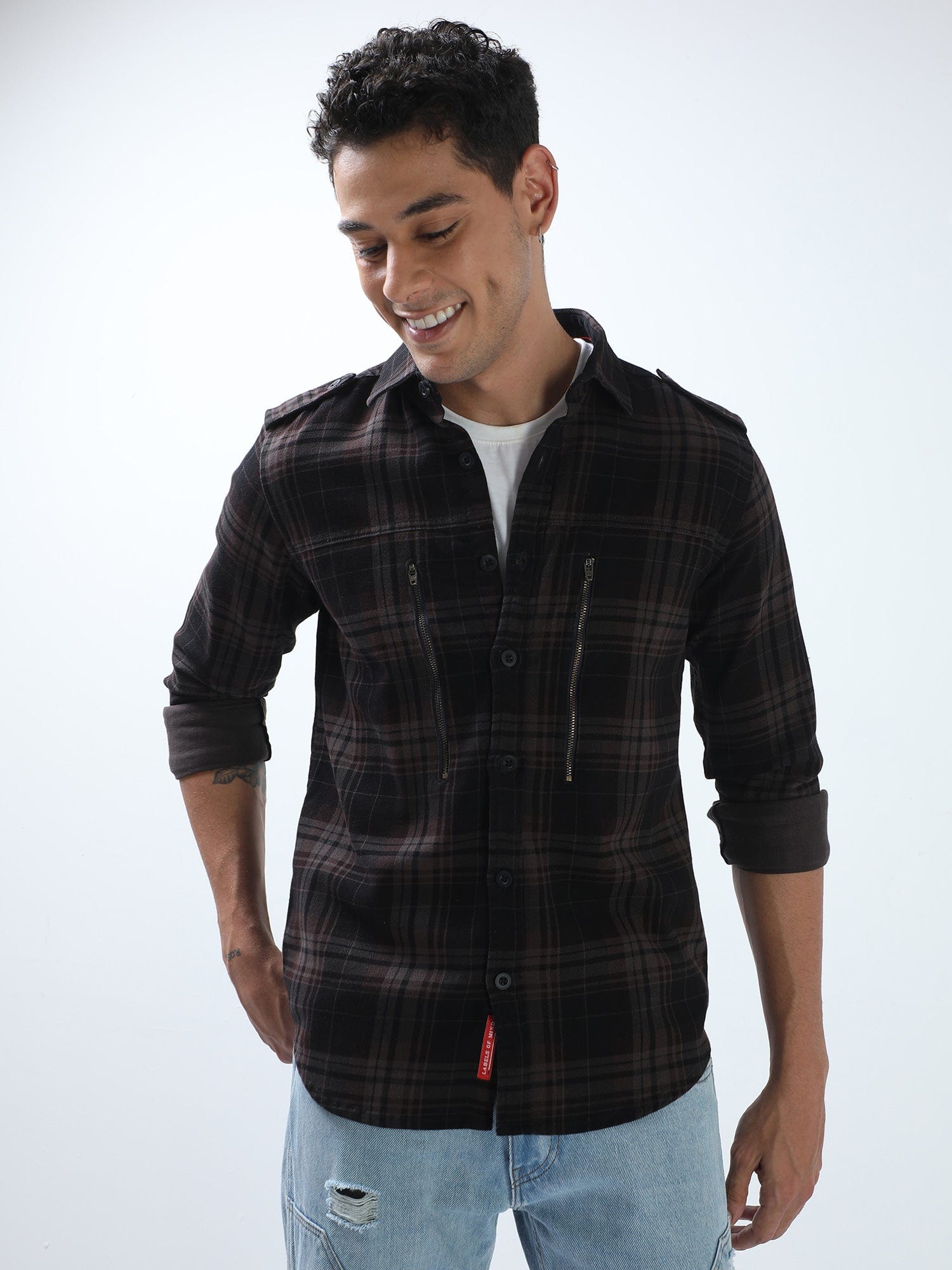 Noir and Dark Brown Double pocket Check Shirt