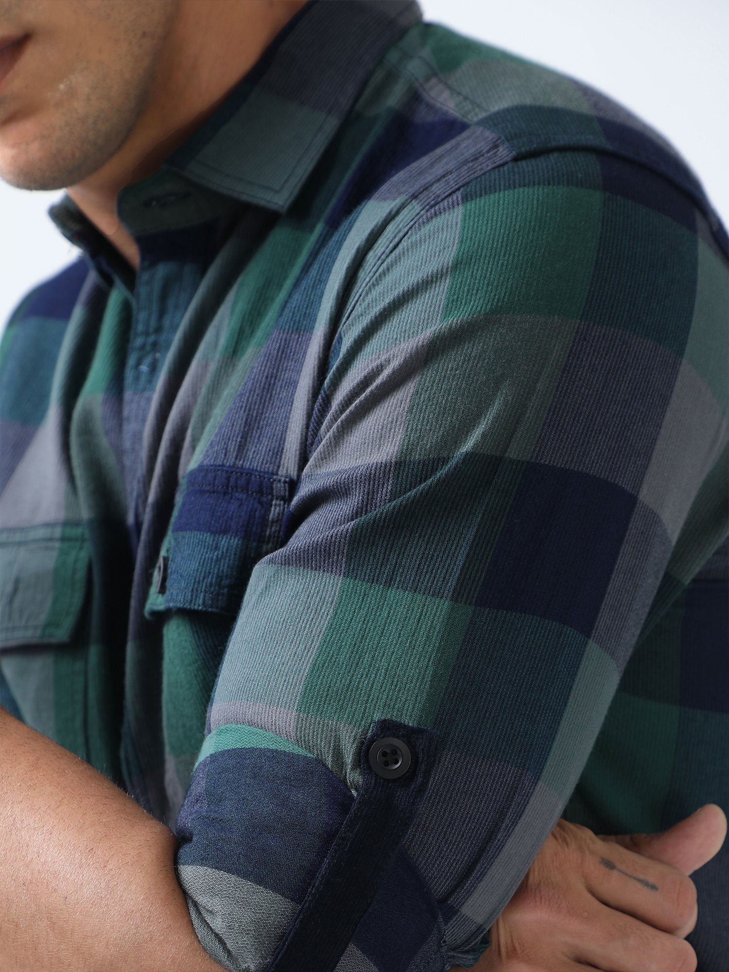 Green and Navy Blue Double Pocket Checks Shirt
