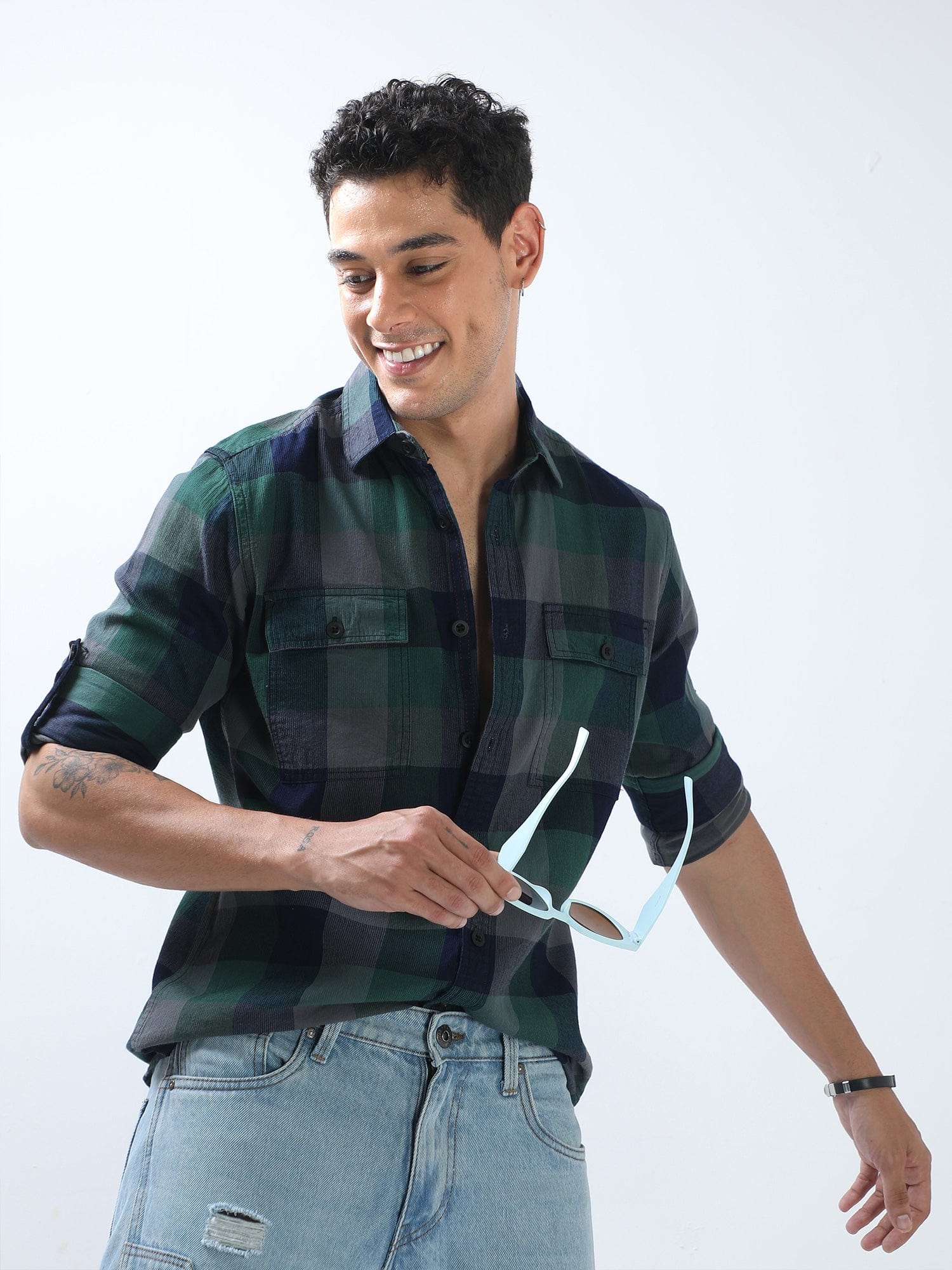 Buy Trendy Green And Blue Check Shirt OnlineRs. 1399.00