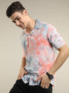 Peach Rayon Half Sleeve Tie Dye Casual Shirt For Men