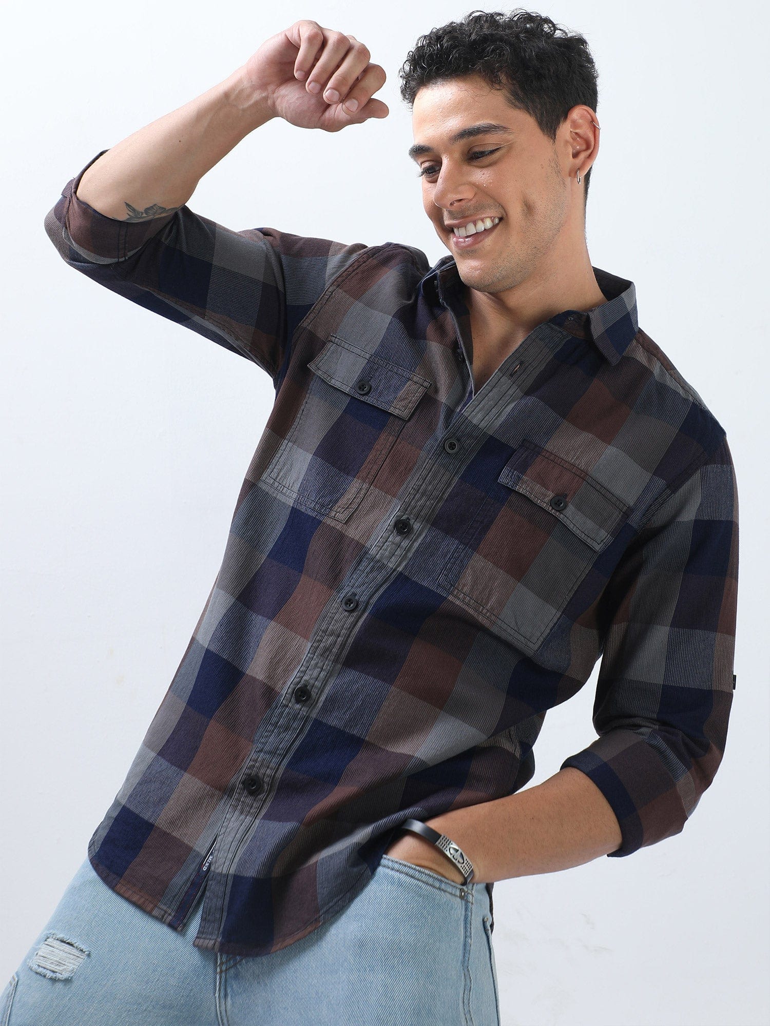 Brown and Navy Blue Double Pocket Checks Shirt