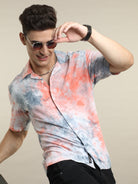 Peach Rayon Half Sleeve Tie Dye Casual Shirt For Men
