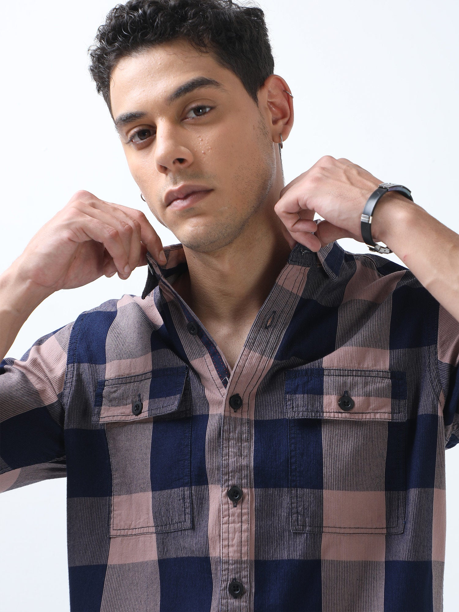 Buy Latest Peach And Navy Blue Check Shirt OnlineRs. 1399.00
