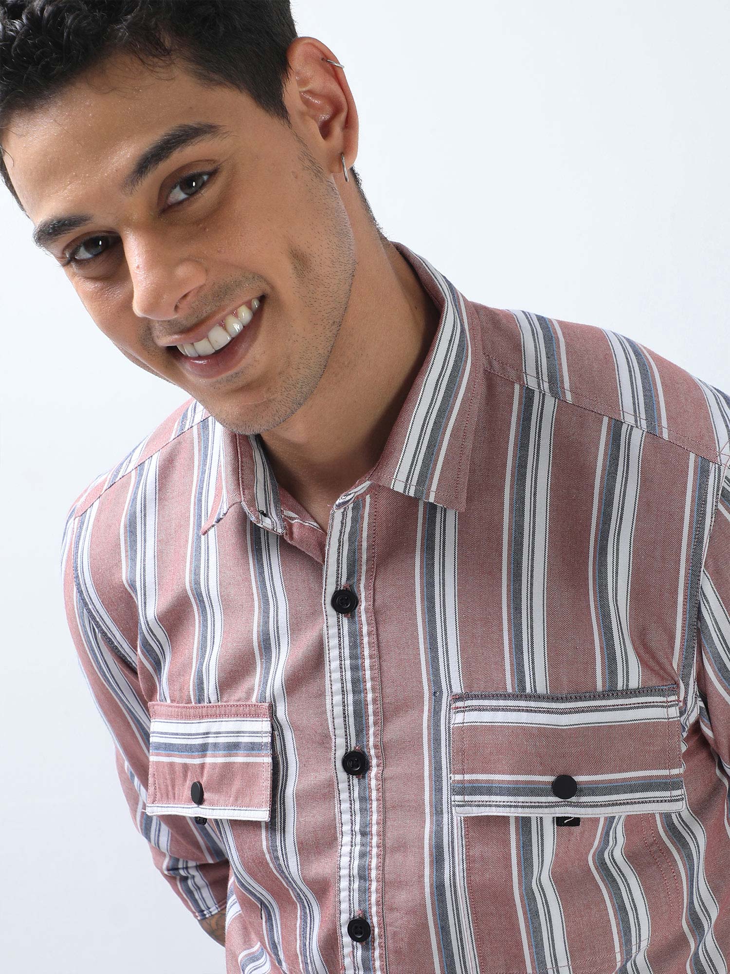 Navy and White Double Pocket Stripes Shirt for Men 