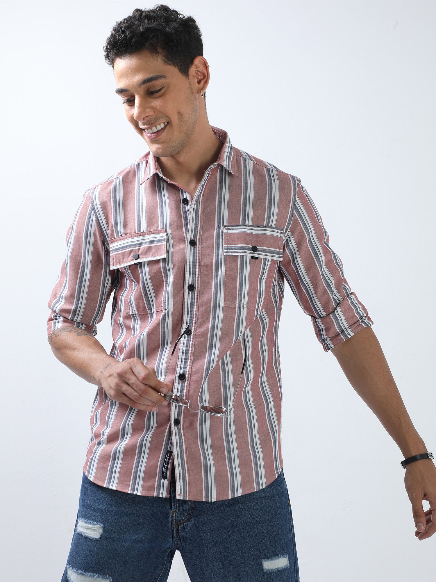 Navy and White Double Pocket Stripes Shirt for Men 