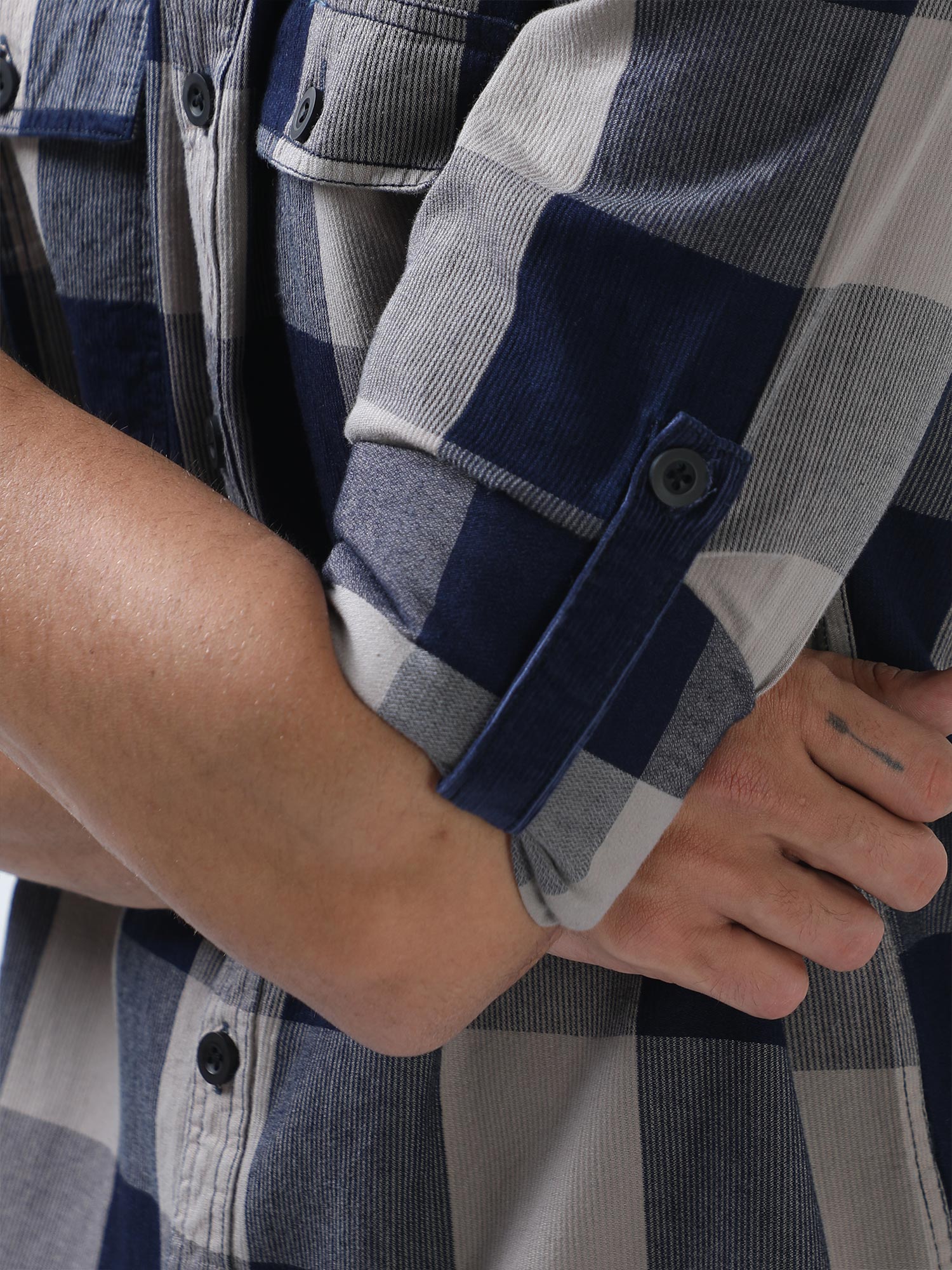Beige and Navy Blue Double Pocket Checks Shirt