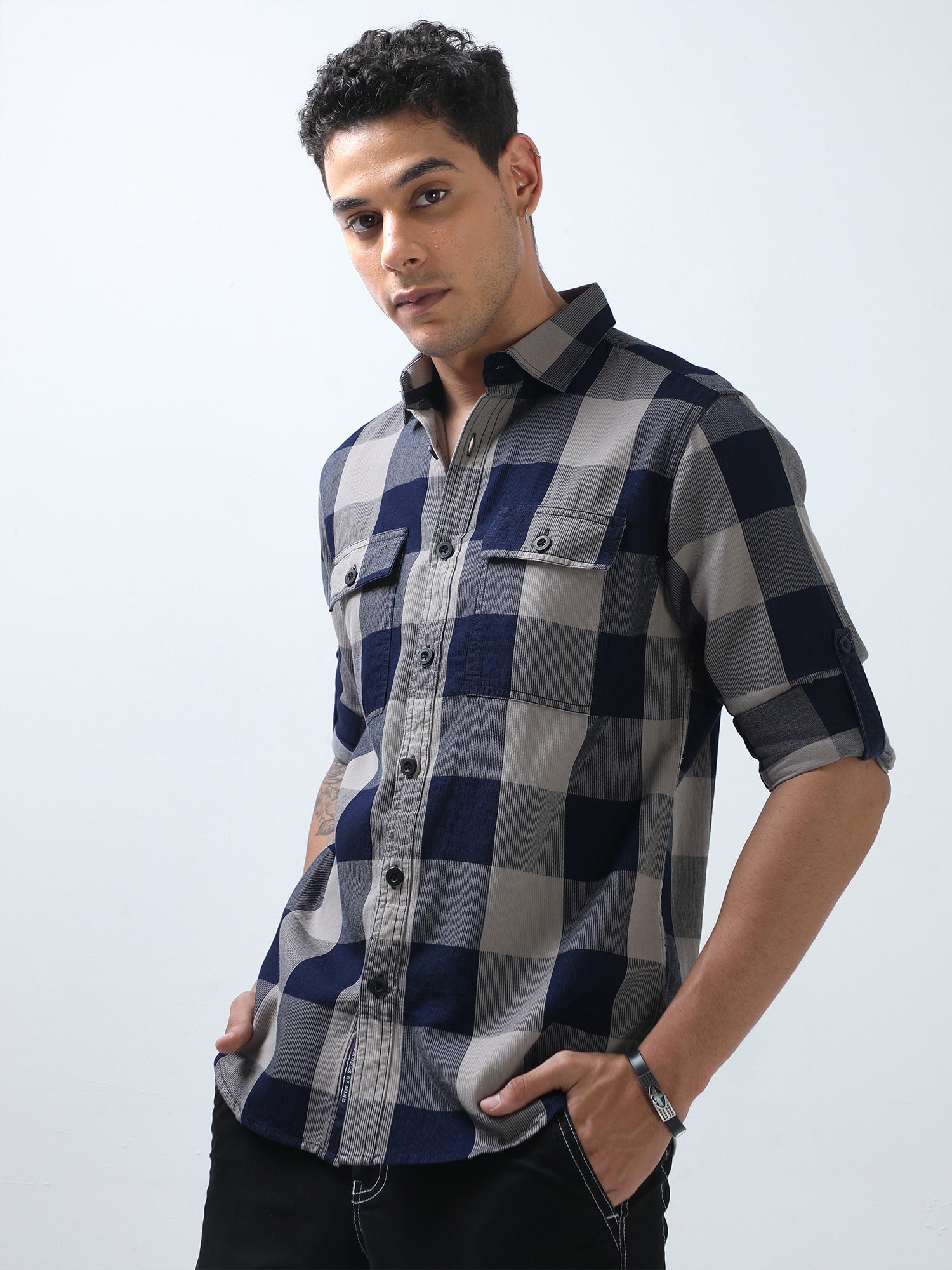 Beige and Navy Blue Double Pocket Checks Shirt