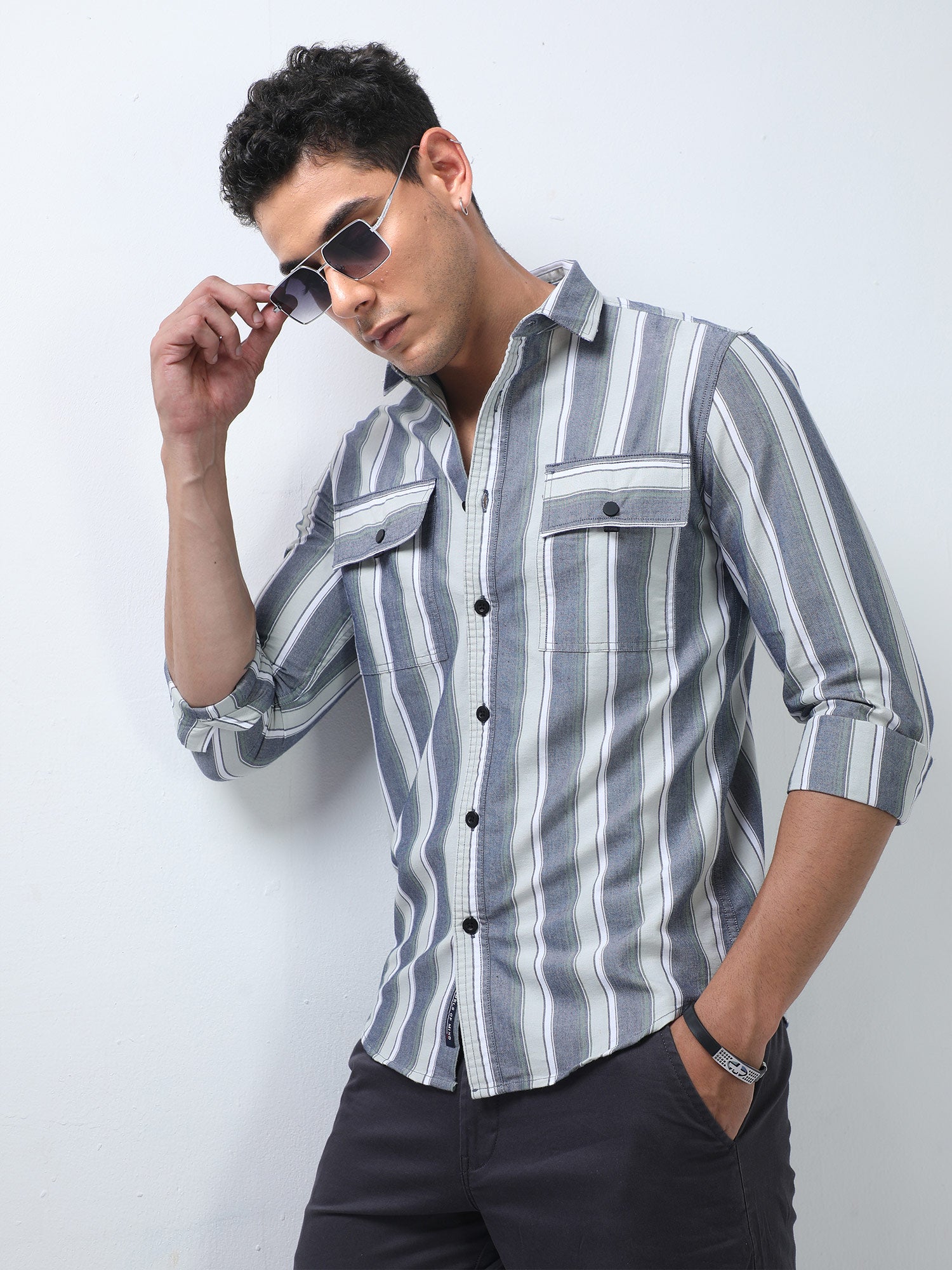 Navy and White Double Pocket Stripes Shirt for Men