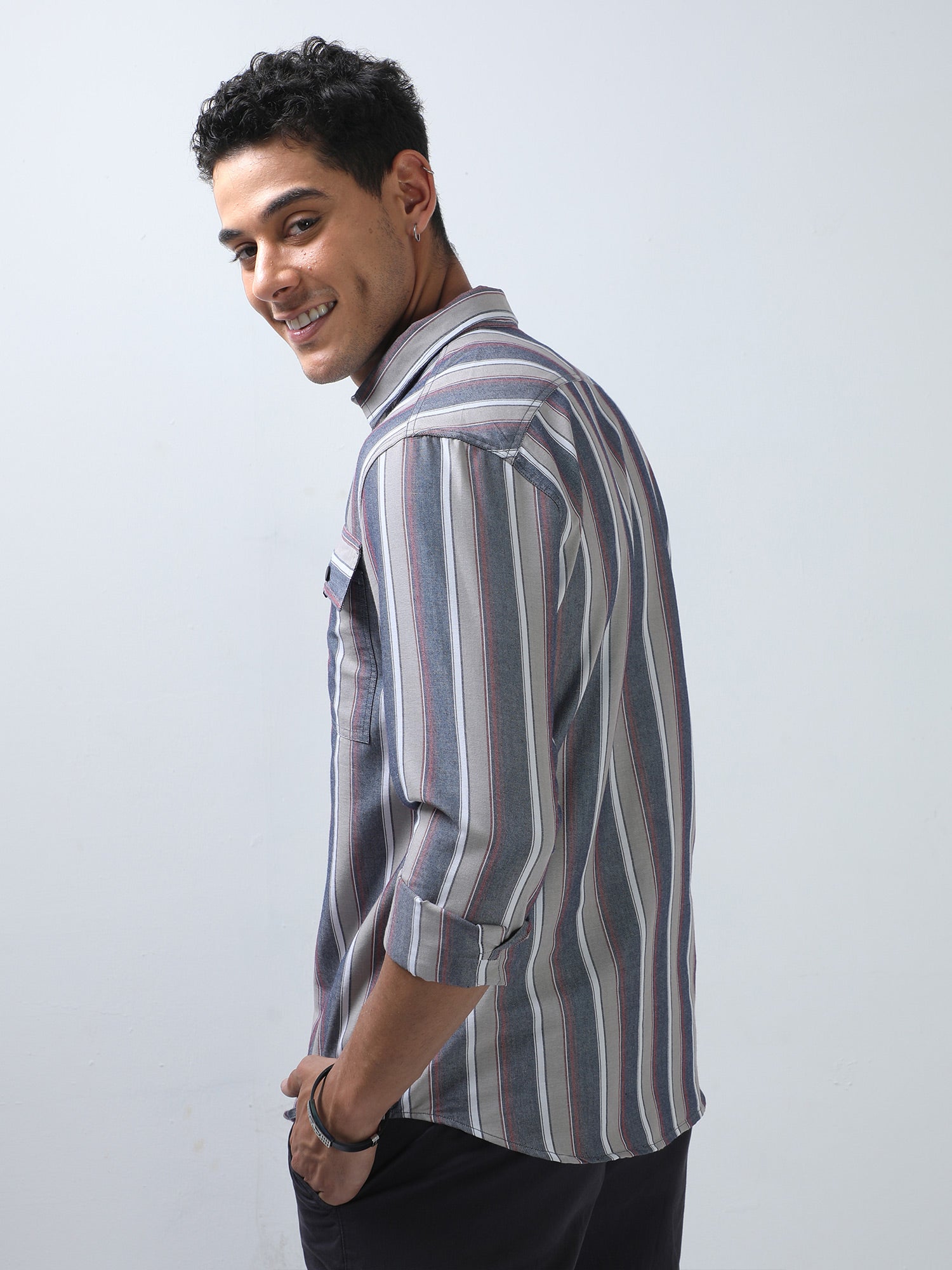 Cream and Navy Double Pocket Stripes Shirt for Men 