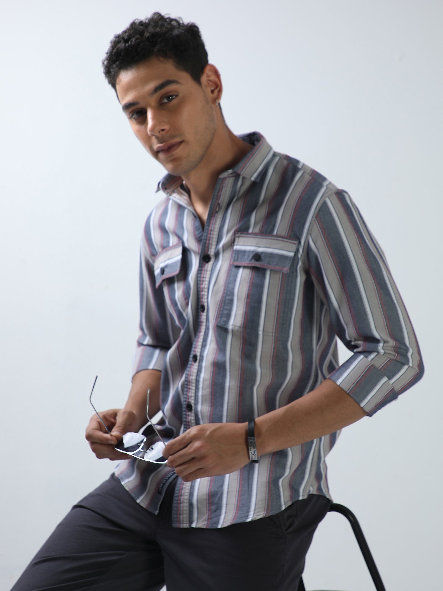 Cream and Navy Double Pocket Stripes Shirt for Men 