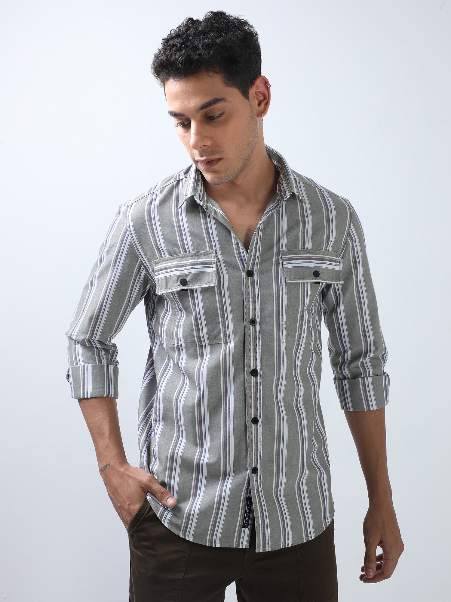 Olive and Navy Double Pocket Stripes Shirt for Men 