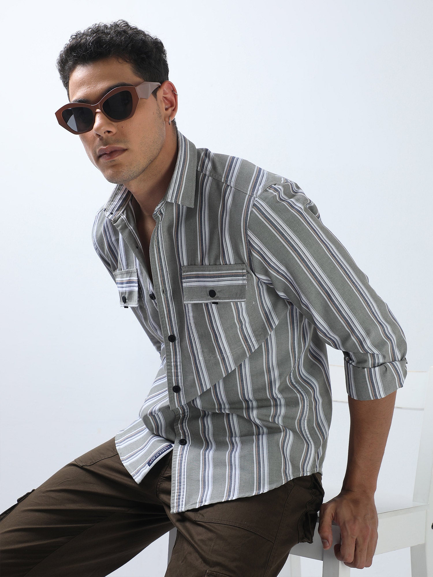 Olive and Navy Double Pocket Stripes Shirt for Men 