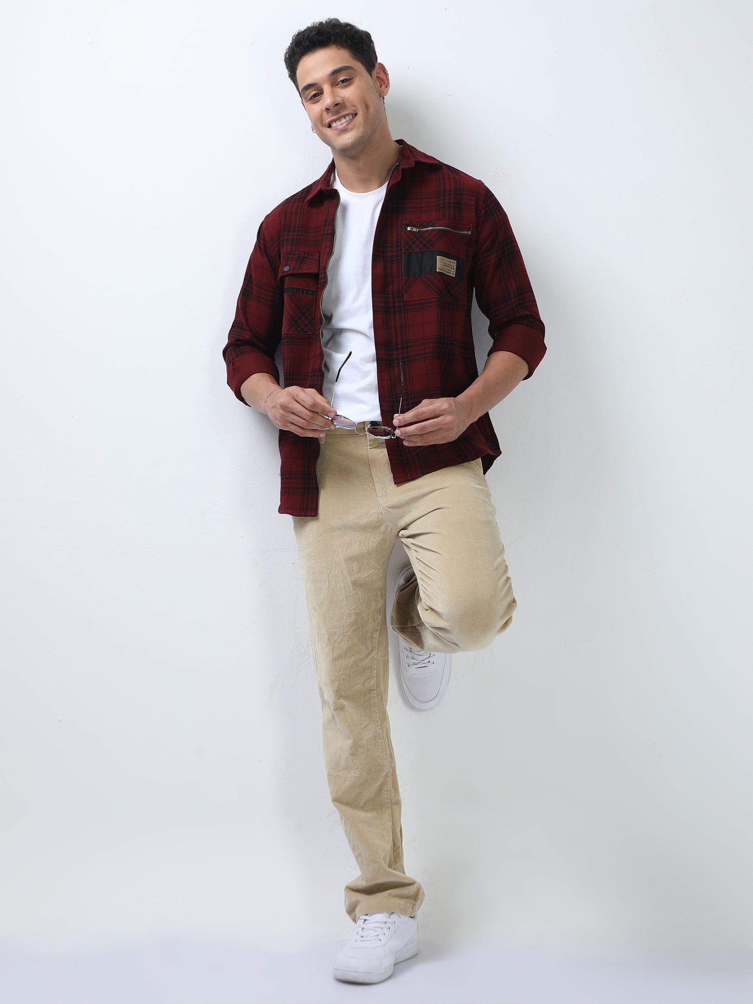 Dark Red And Black Double Pocket Shirt