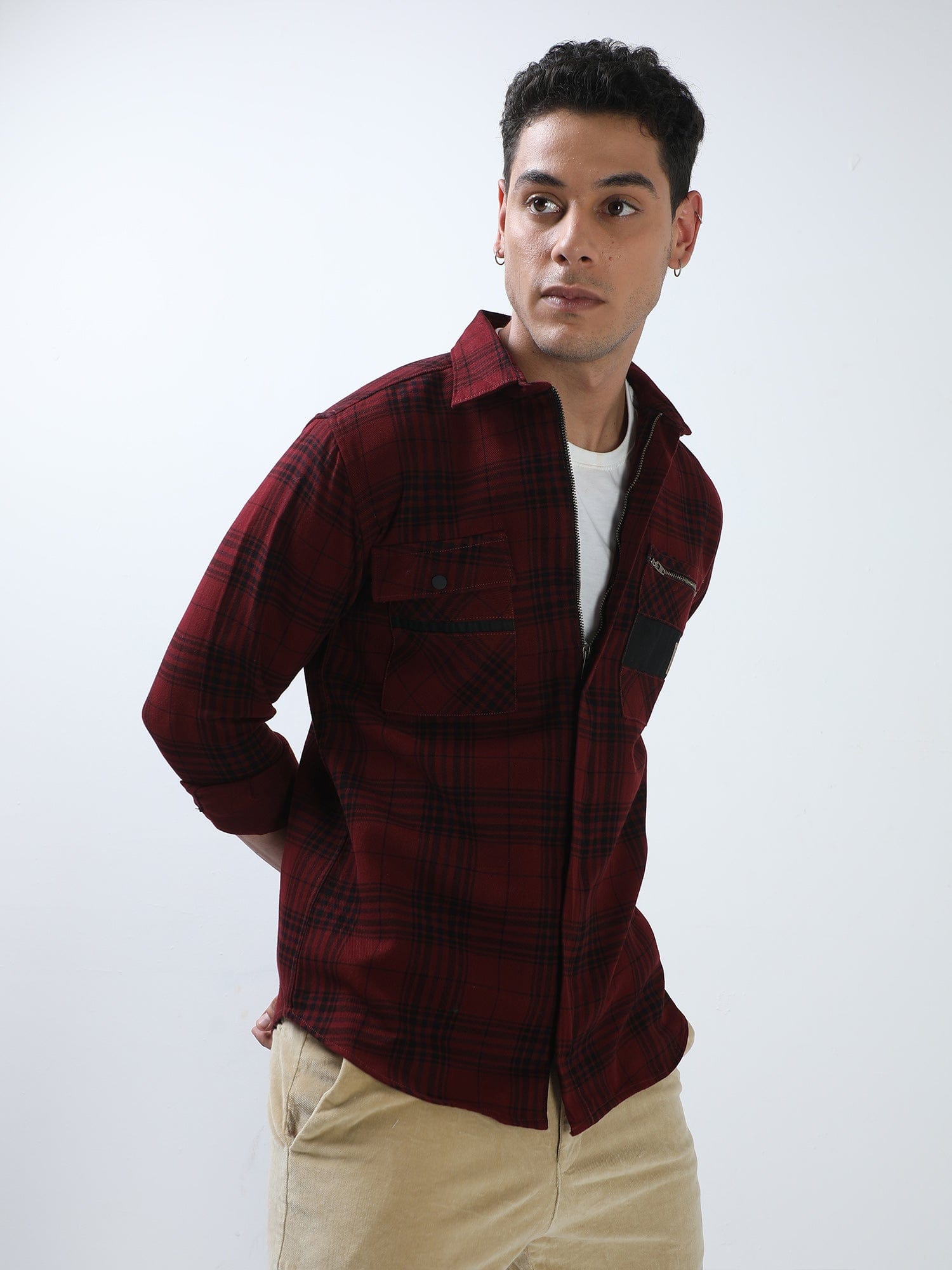 Dark Red And Black Double Pocket Shirt