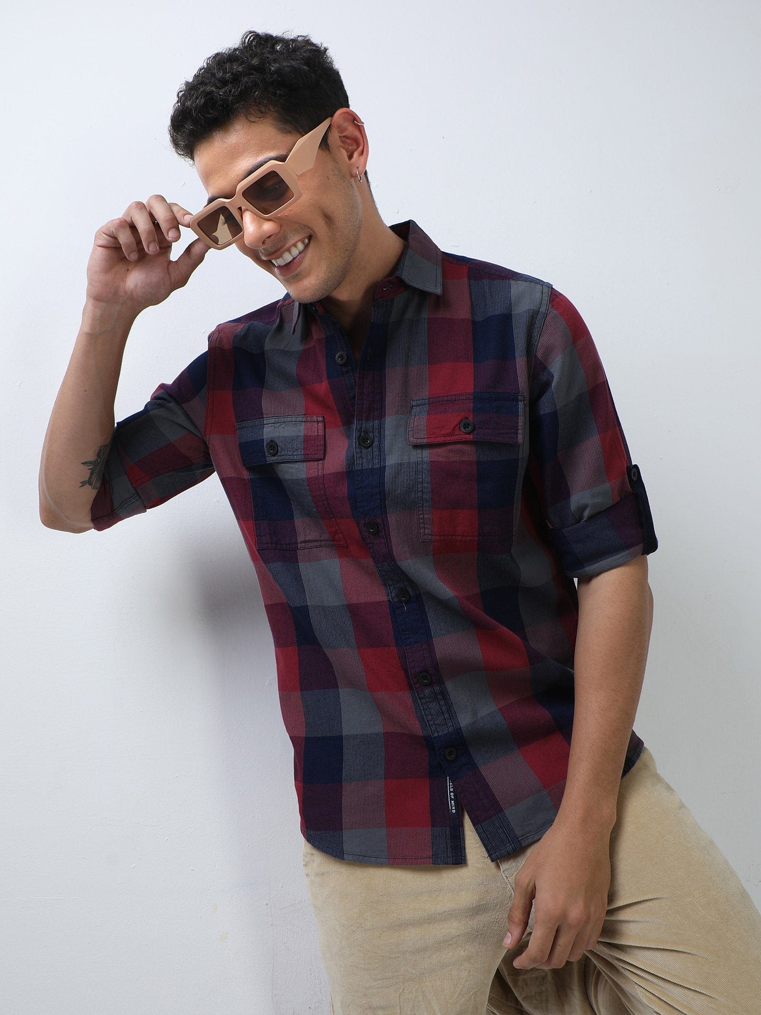 Red and Navy Blue Double Pocket Checks Shirt