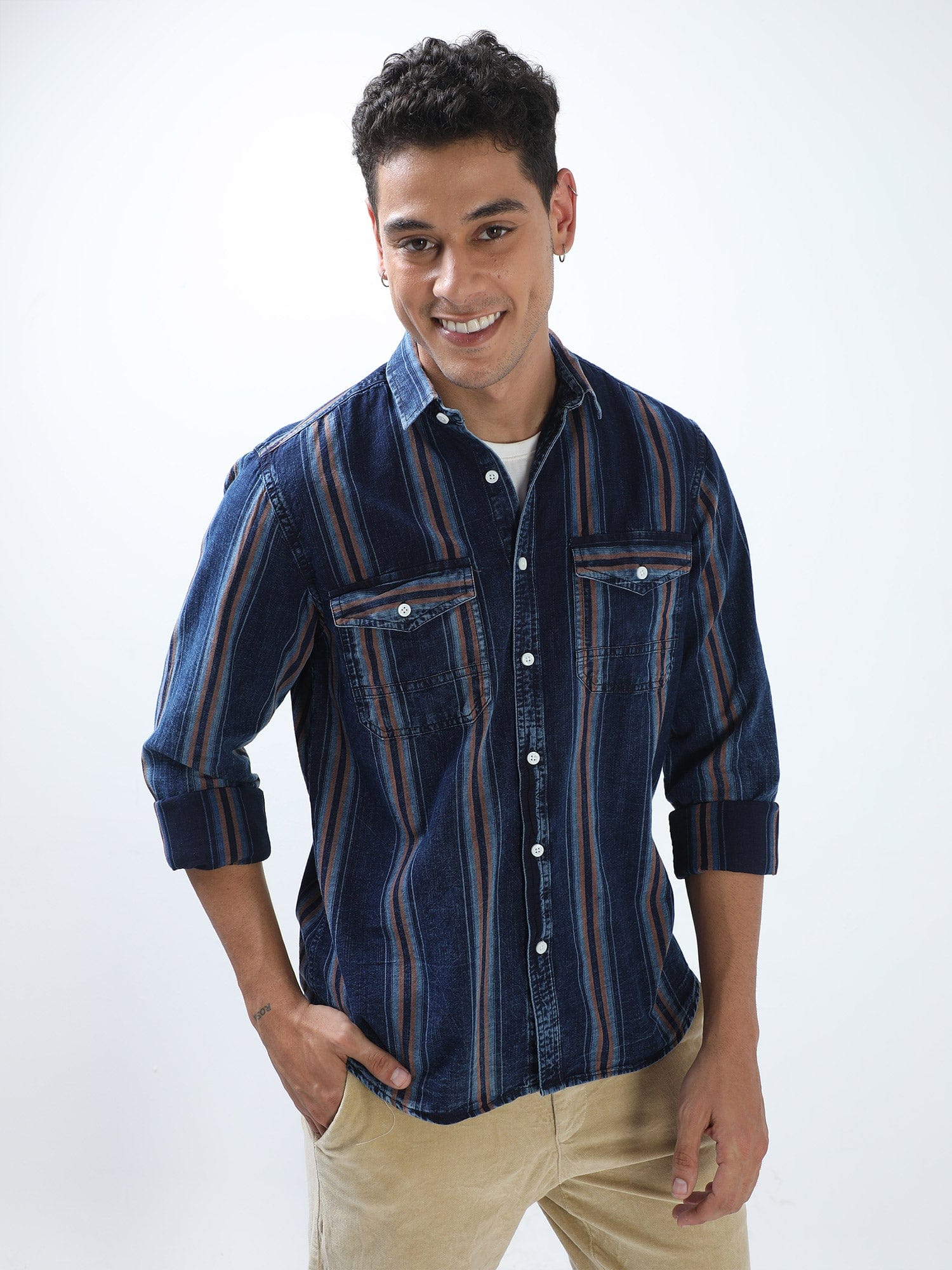 Buy Stylish Navy Blue Striped Shirt for Men OnlineRs. 1549.00