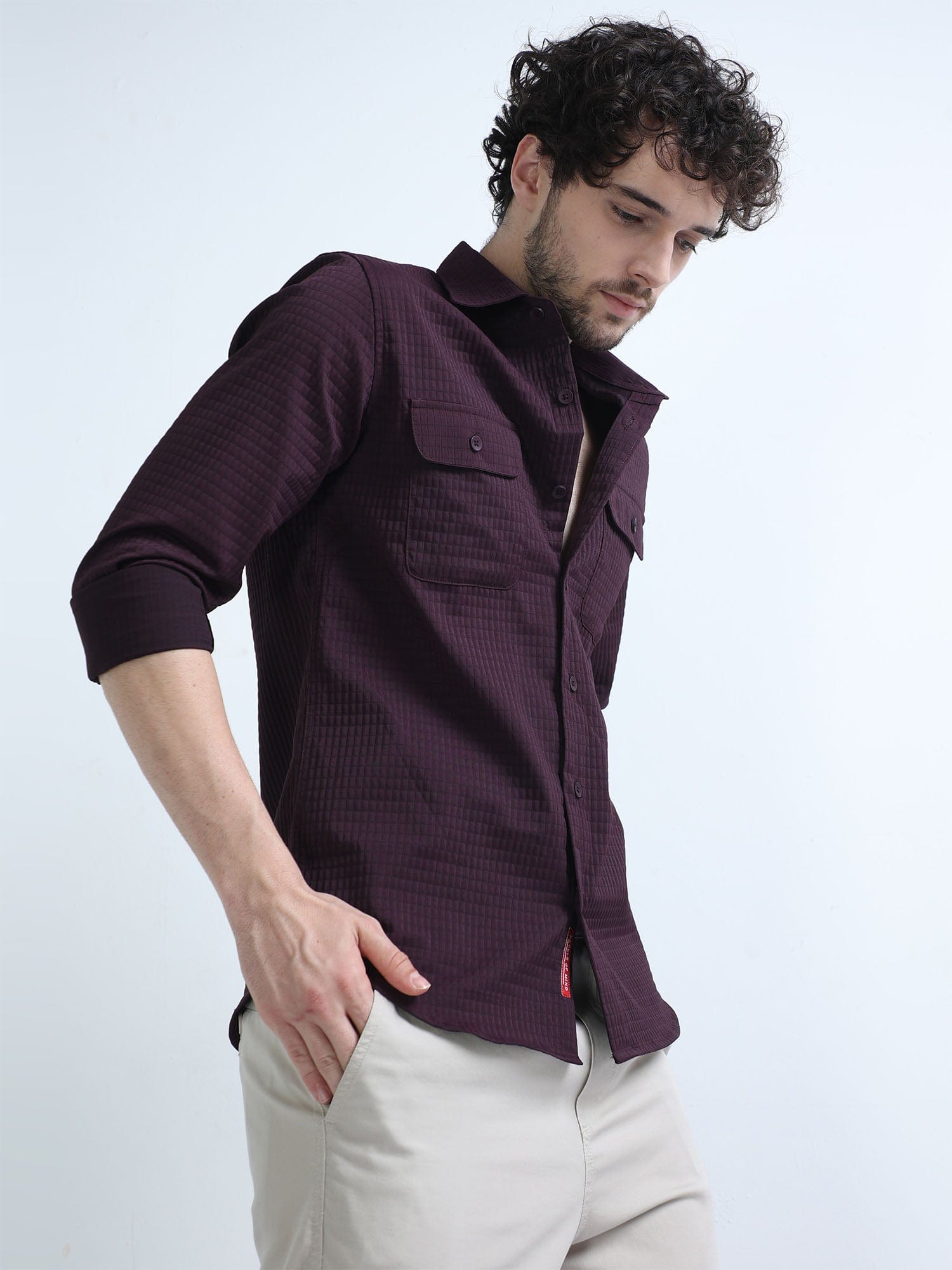 Shop Burnt Maroon Textured Solid Double Pocket ShirtRs. 1099.00